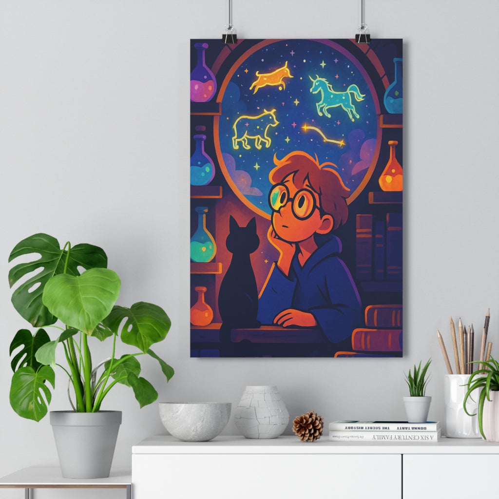 Poster décoratif rêveur bleu violet orange magique mystique enfant moderne constellation fenêtre fantastique étoilé