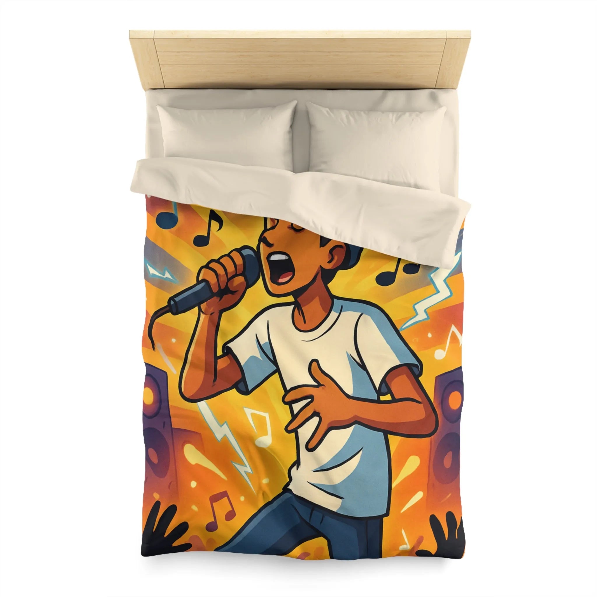 Housse de couette ambiance concert urbain avec chanteur et éclairs musicaux colorés