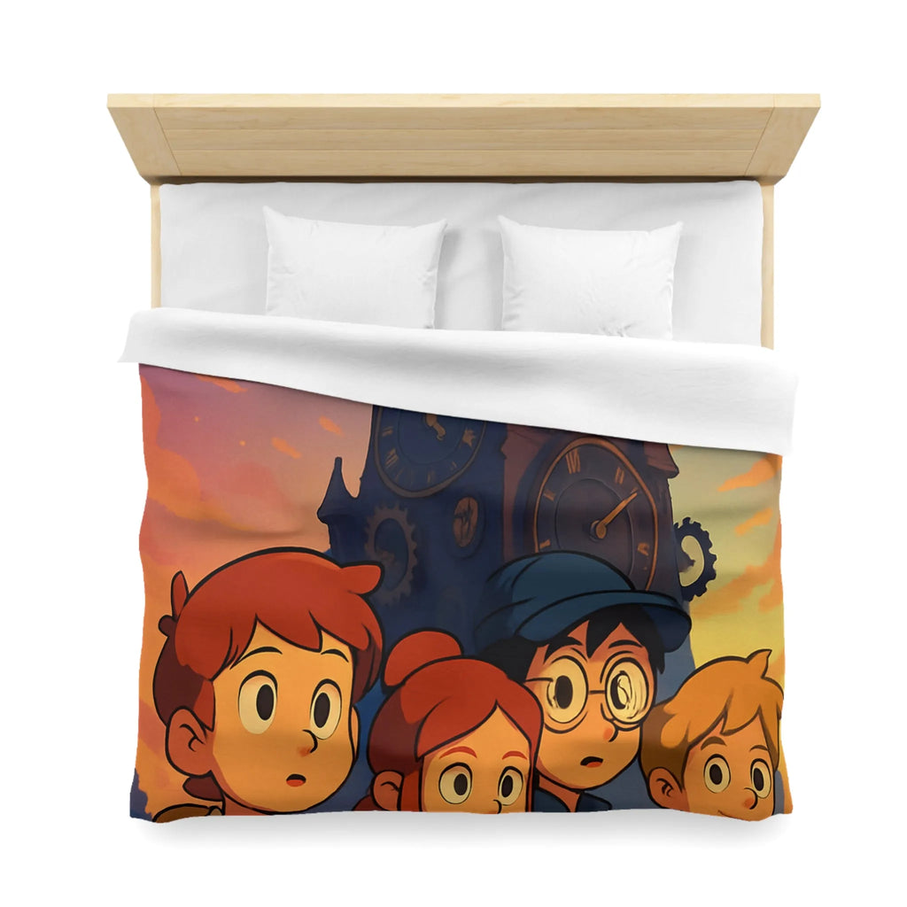Housse de couette illustrée aventure jeunesse horloges coucher de soleil style animé vibrant