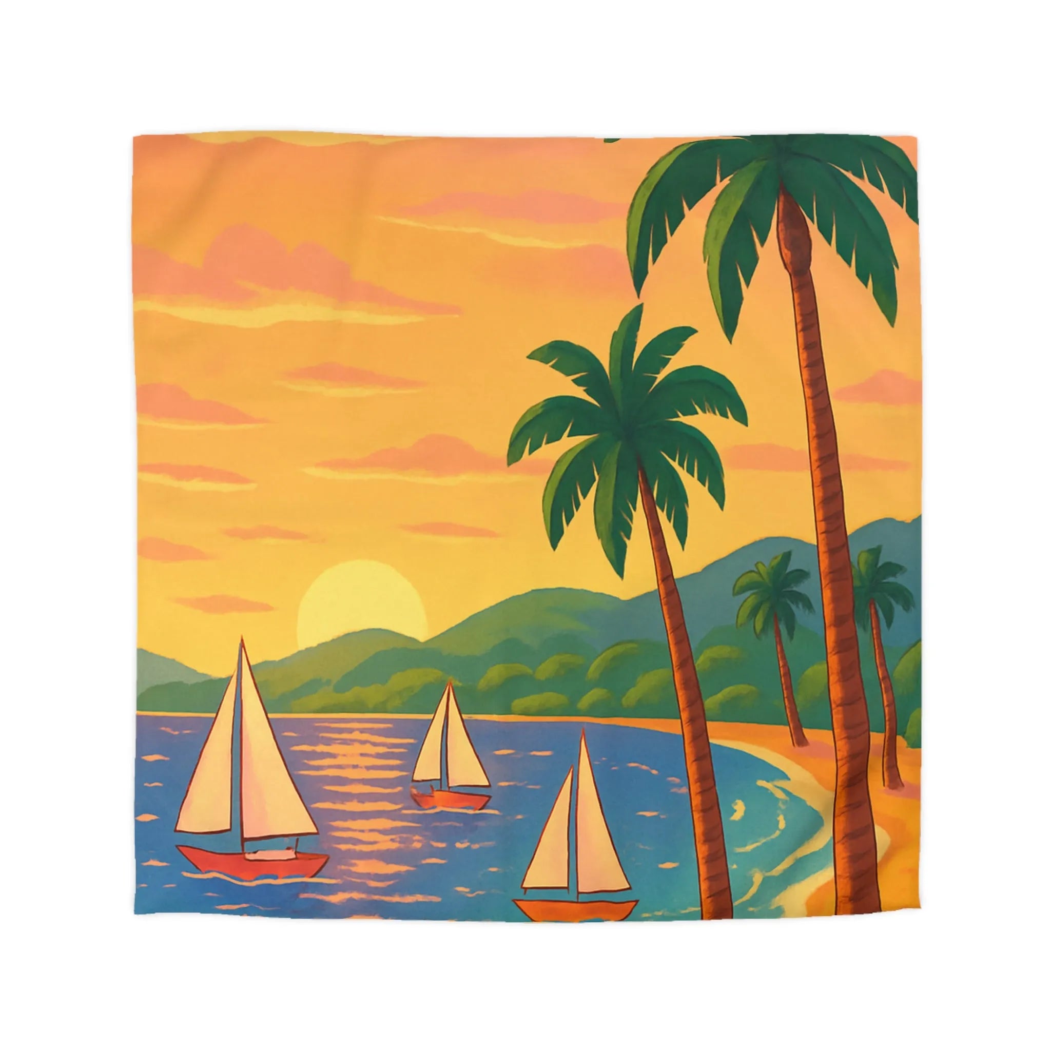 Housse de couette avec motif tropical, plage, palmiers et voiliers au coucher de soleil