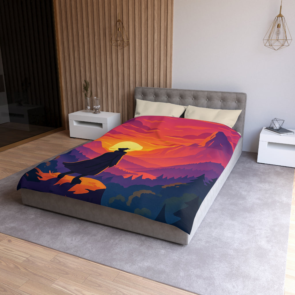 Housse de couette montagnes coucher de soleil silhouette homme paysage artistique vibrant