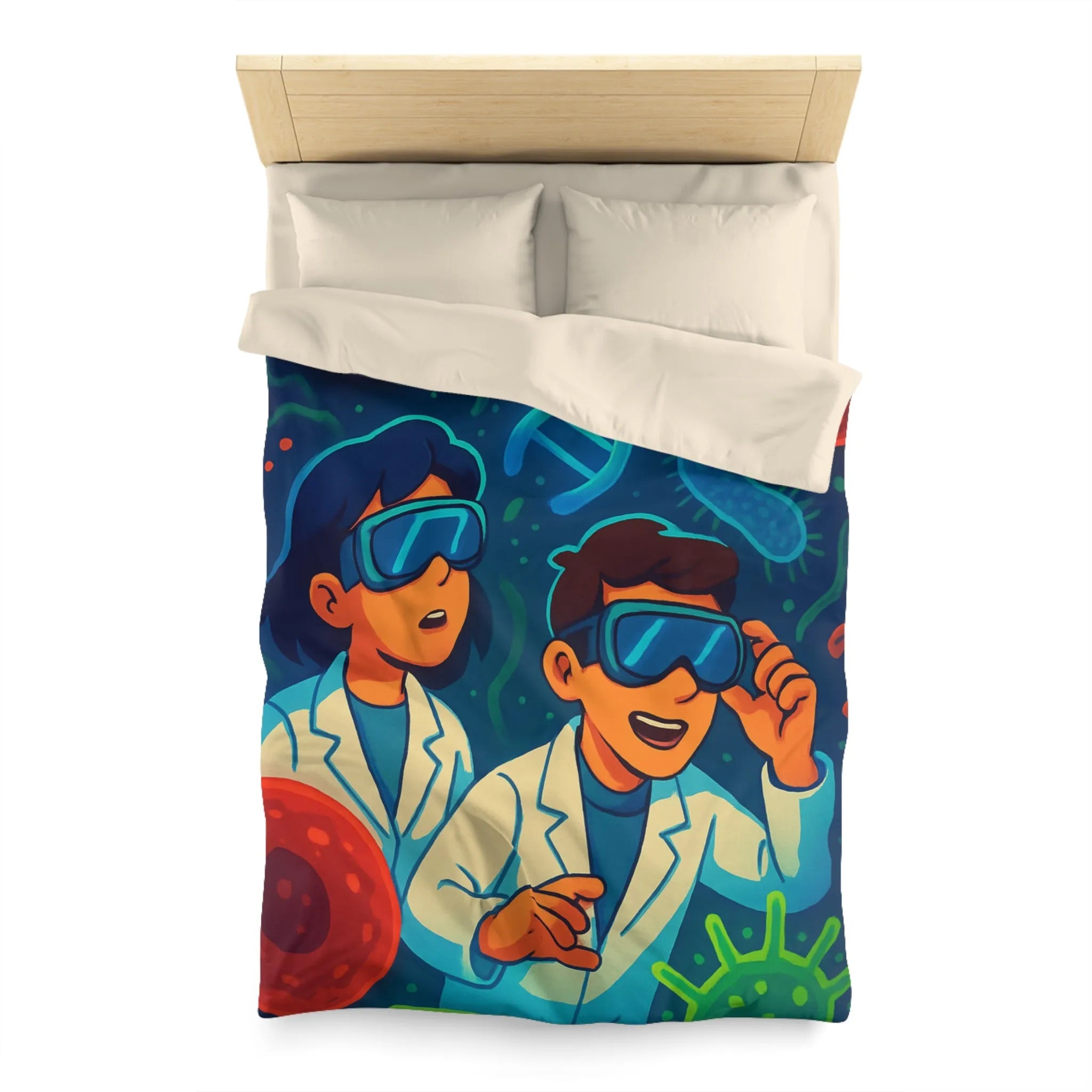 Drap housse scientifique ludique avec chercheurs et microbes éclatants en couleurs vibrantes et vives