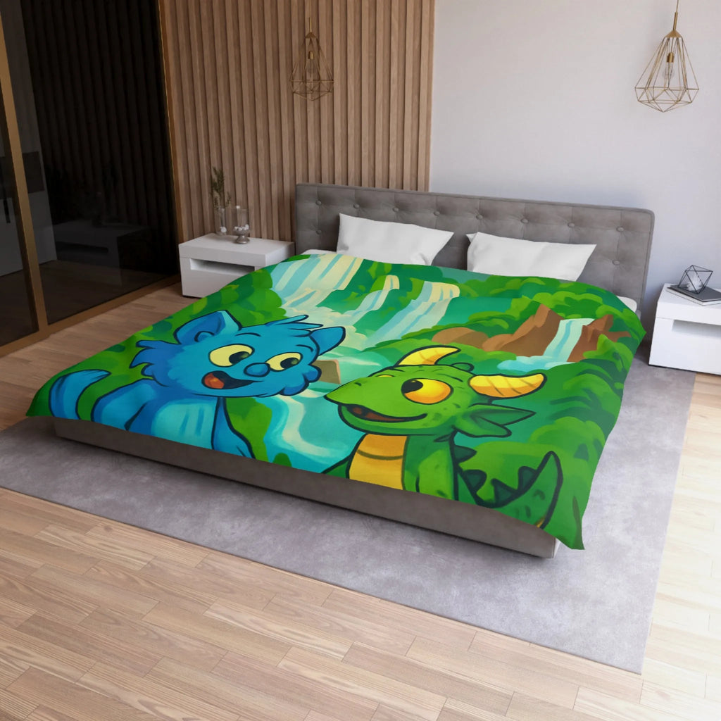 Housse de Couette Fantaisie Enfants Avec Animaux et Paysage Magique Coloré Vert et Bleu
