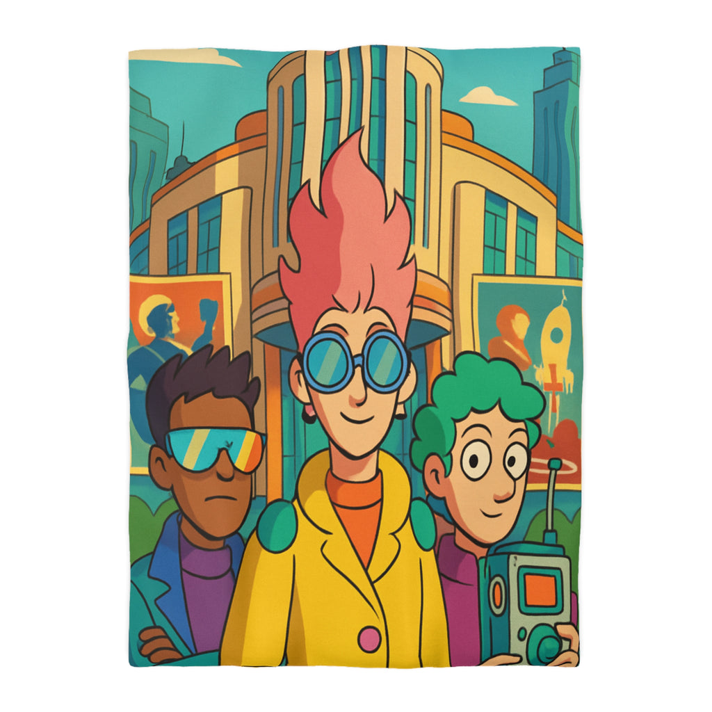 Housse de couette rétro futuriste colorée avec personnages et architecture urbaine stylisée