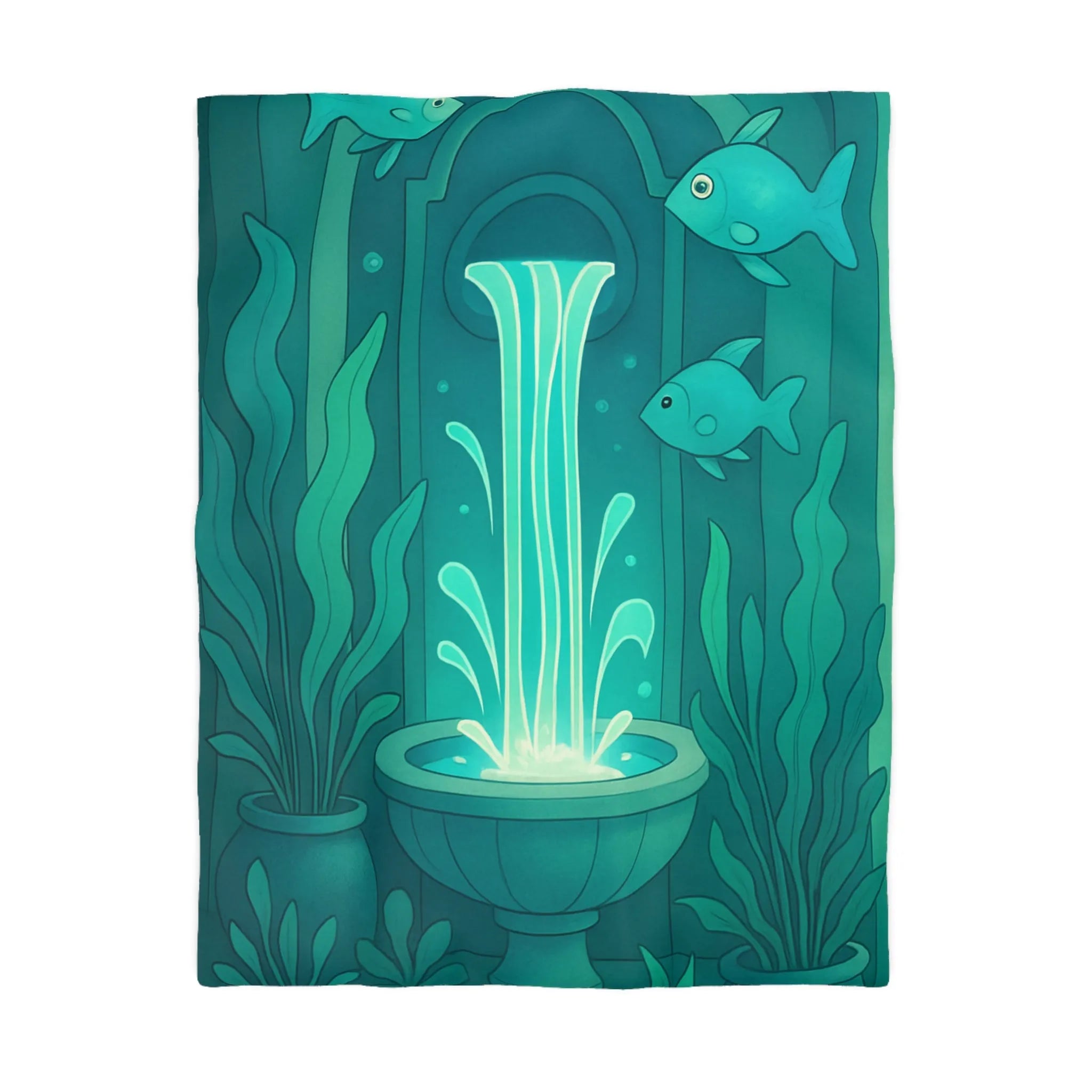 Housse de Couette Art Nouveau Illustrée Fontaine Poissons Teintes Bleues Calmes Décoration Intérieure