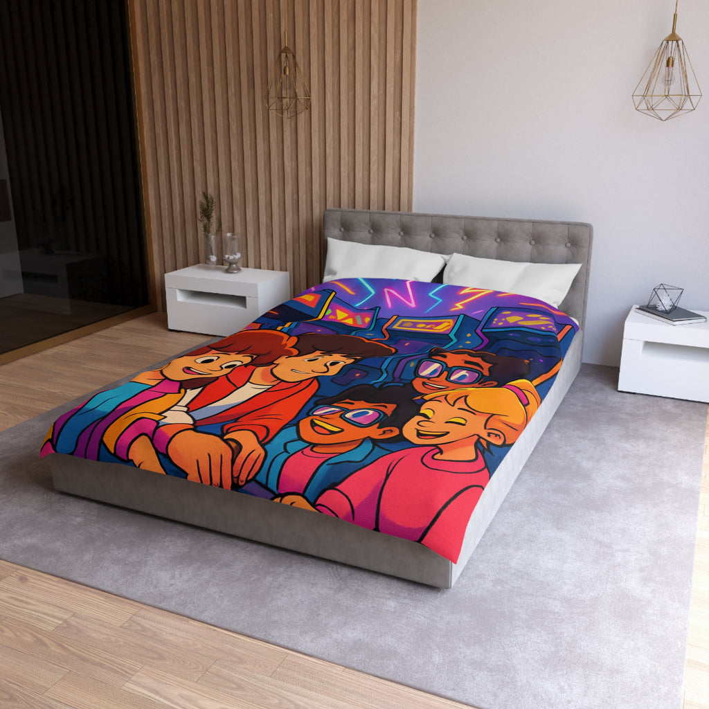 Housse de couette vibrante années 80 avec motifs arcades et ambiance rétro lumineuse