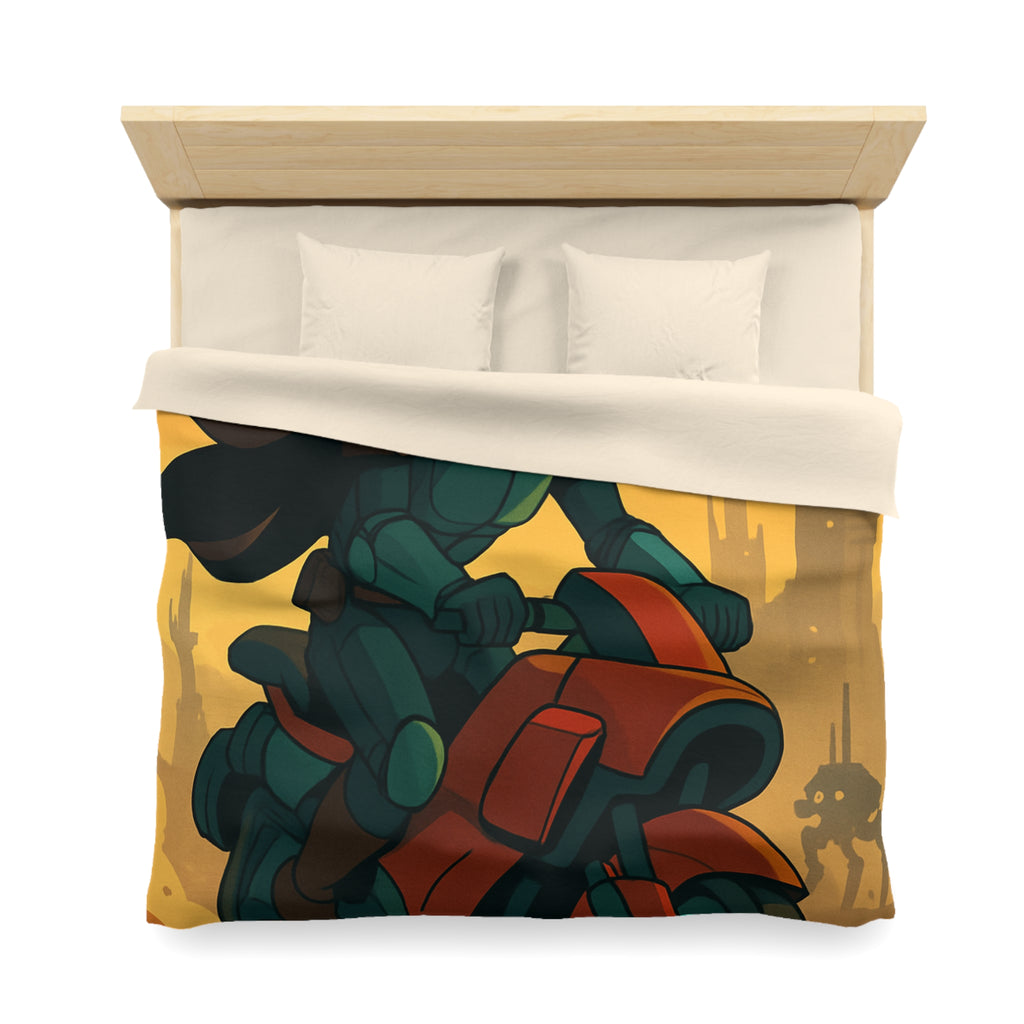 Housse de couette moto futuriste avec pilote en armure et paysage urbain orange