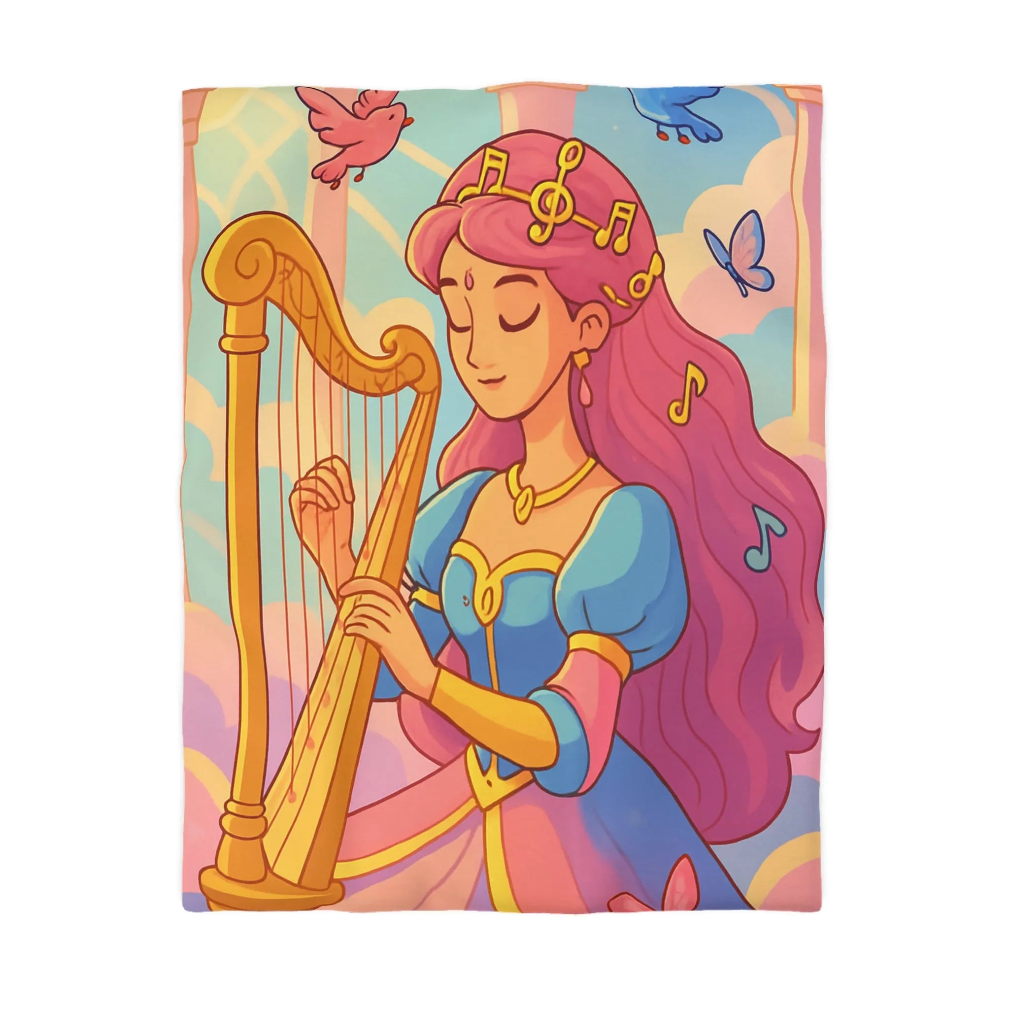 Housse de Couette Magique Princesse Jouant Harpe avec Oiseaux et Papillons Colorés