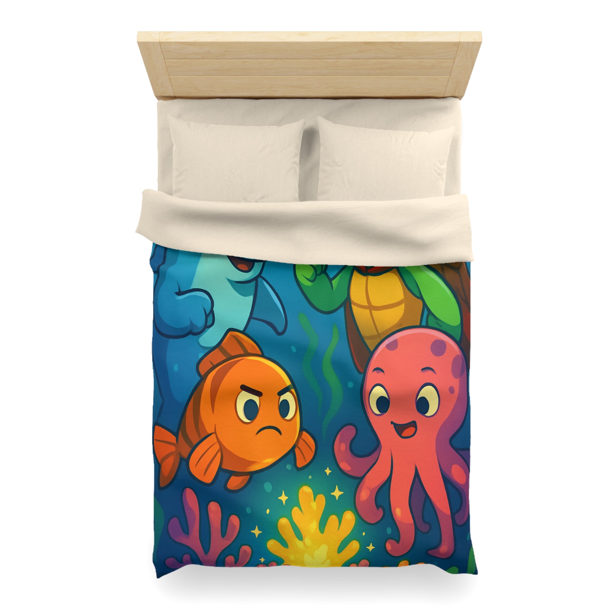 Housse de couette océan joyeux avec dauphin, tortue, poisson et pieuvre colorée