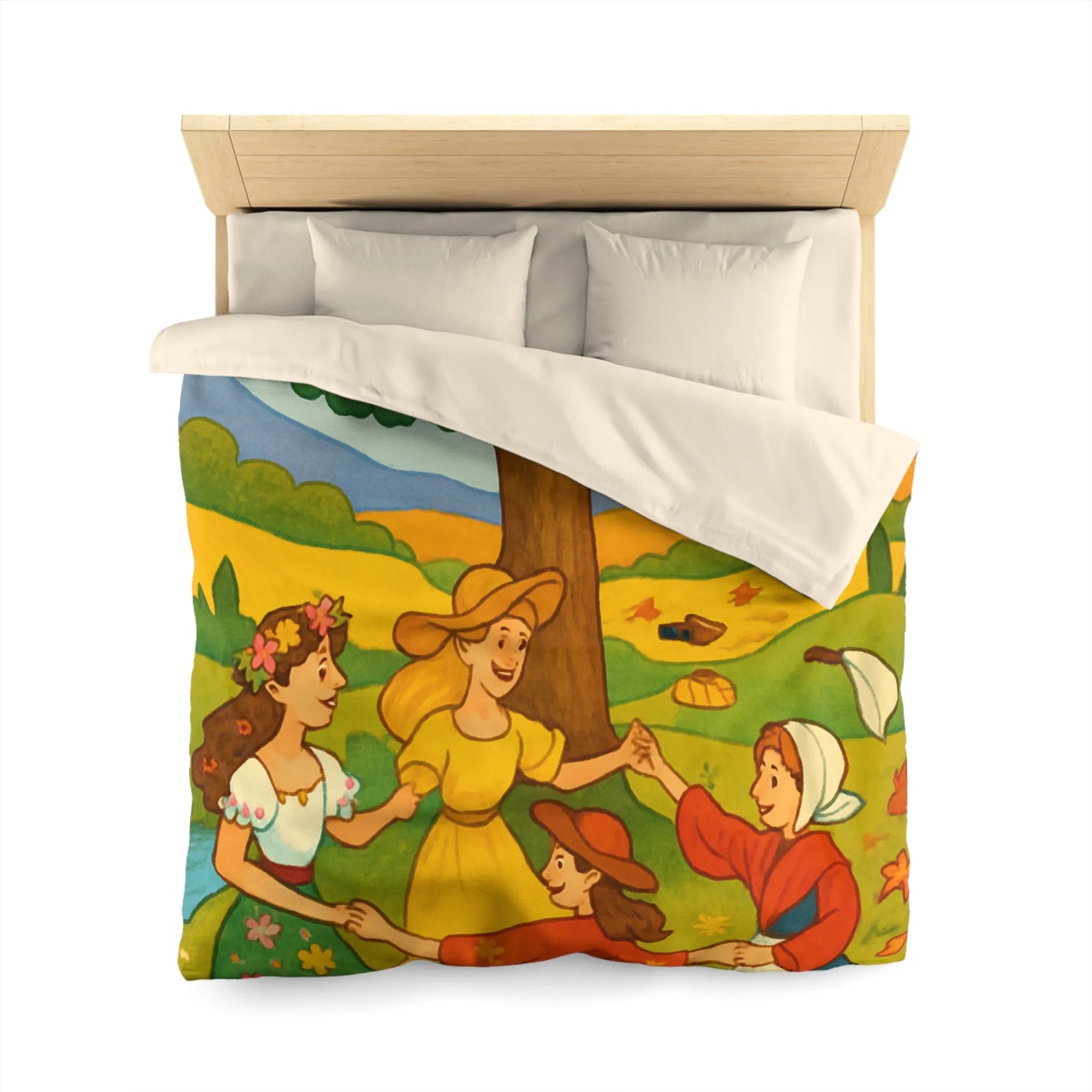 Housse de couette champêtre aux motifs de danseuses rondes et paysage bucolique coloré