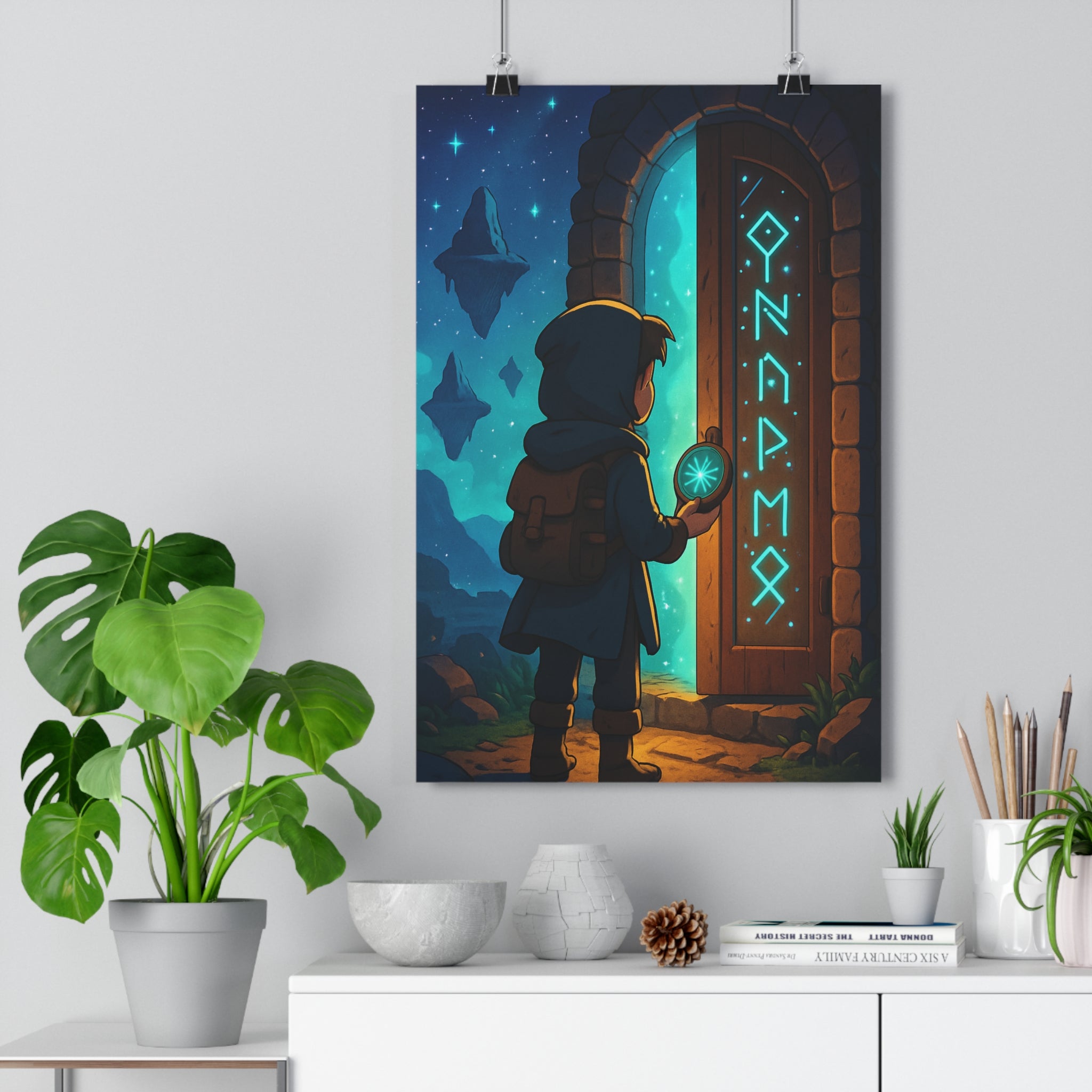 Poster décoratif aventurier bleu vert émeraude mystique cartoon enchanté chambre salon enfant boussole îles