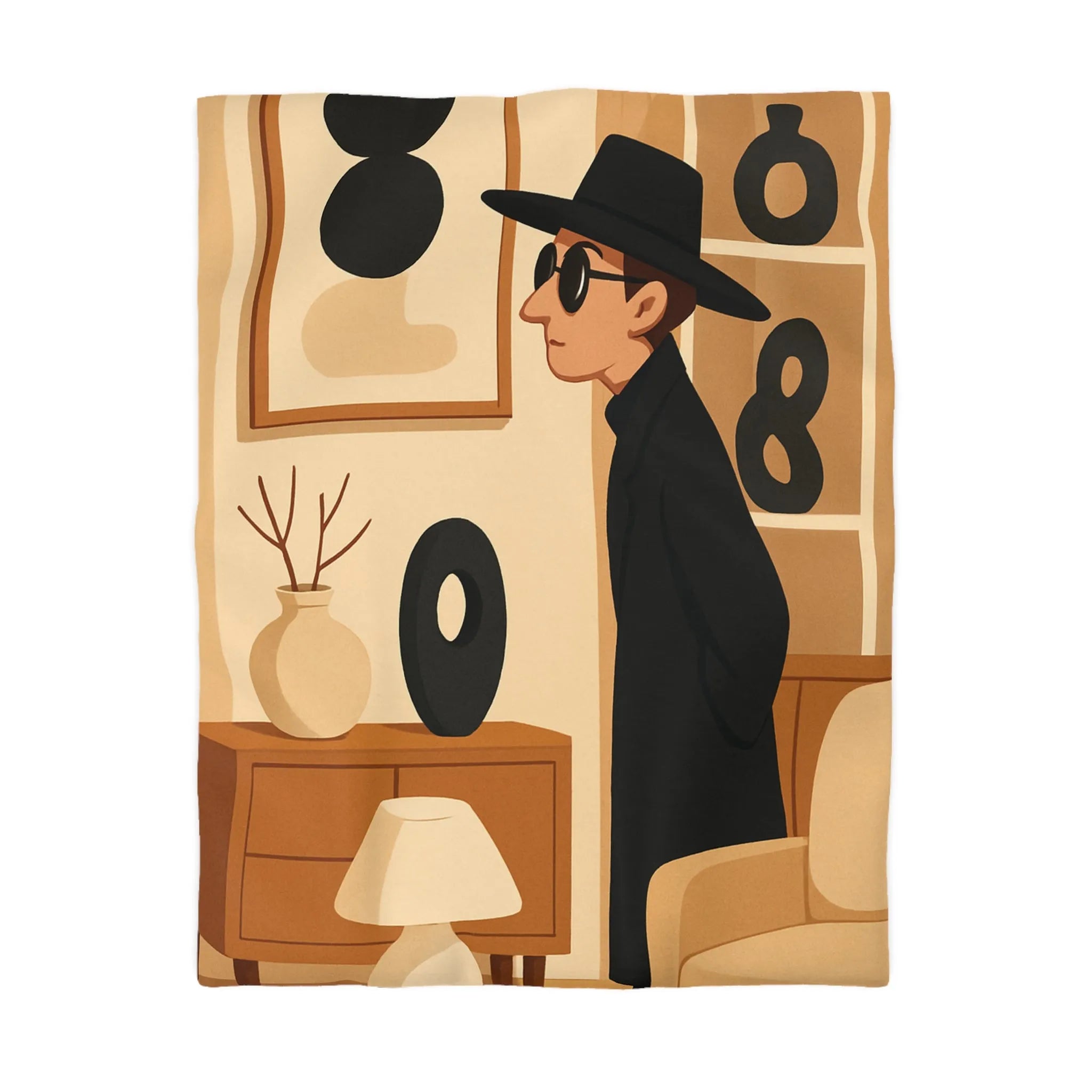 Élégant homme en noir dans salon moderne minimaliste aux accents artistiques abstraits