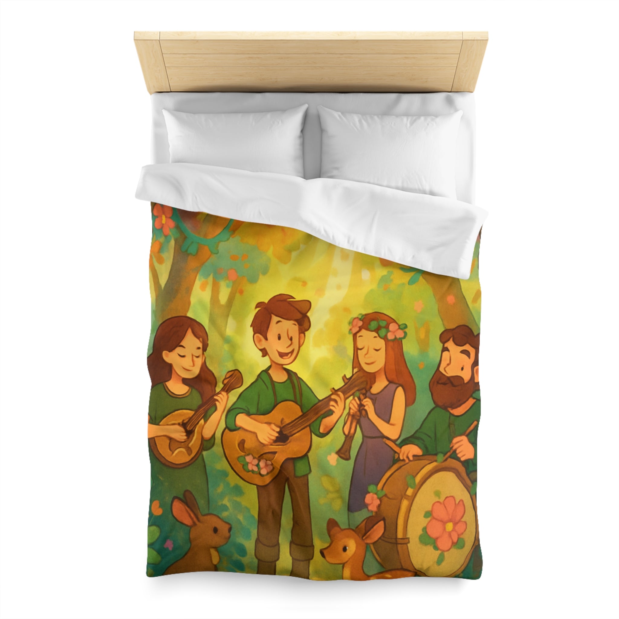 Housse de couette musicale enchantée forêt, animaux, motifs vibrants pour chambre féerique