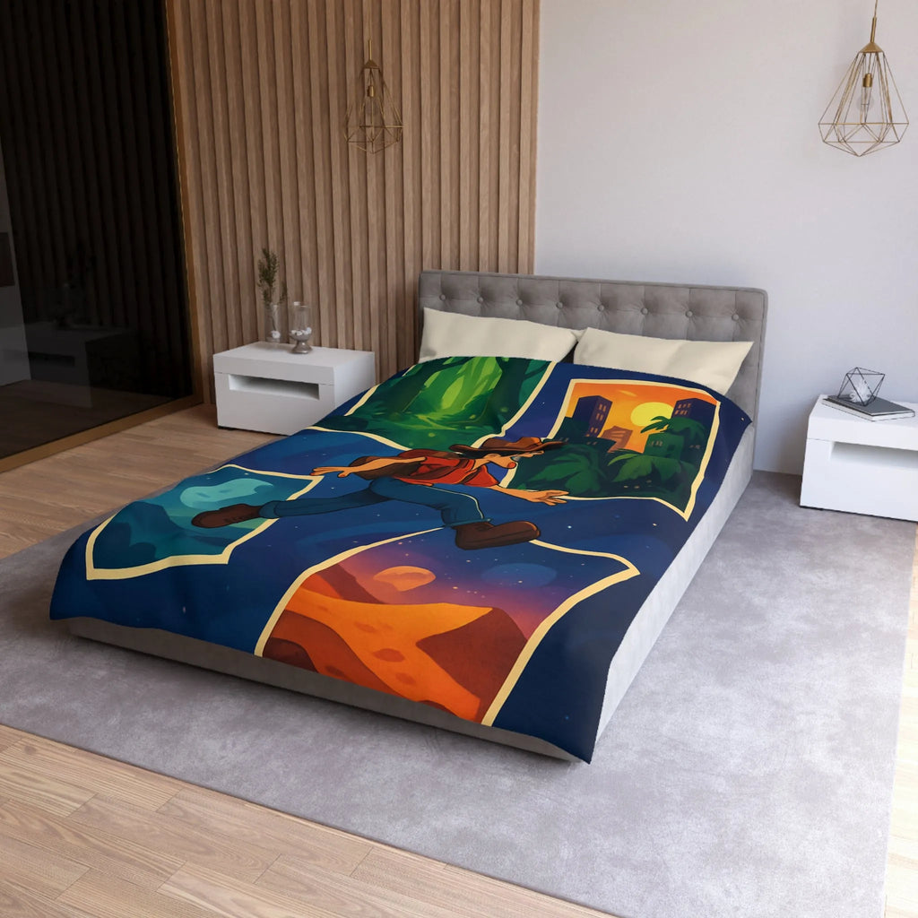 Housse de couette colorée avec illustrations d'aventure forêt, ville, désert, espace