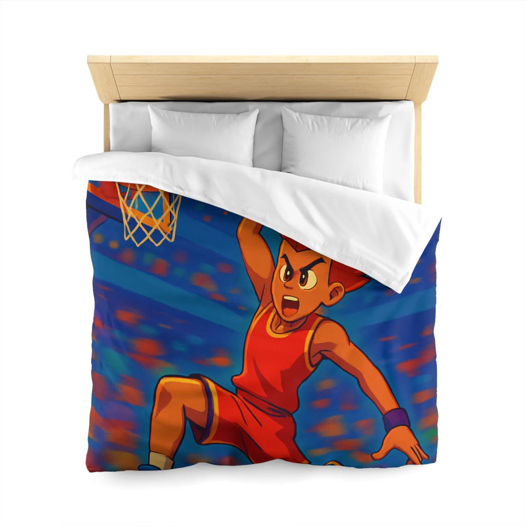 Housse de couette garçon avec joueur de basketball enflammé dans un style animé vibrant