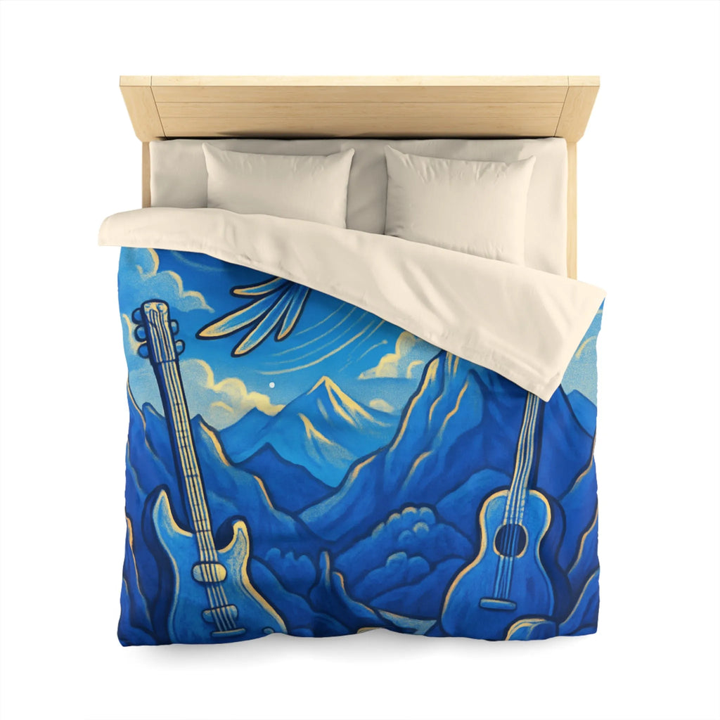 Housse de couette mélodieuse avec oiseau bleu et instruments de musique en montagne