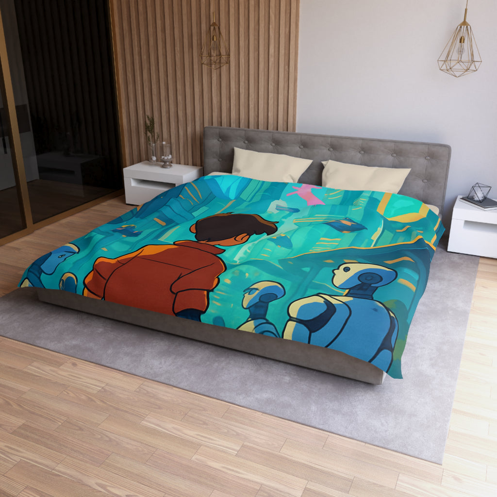 Housse de couette urbaine futuriste avec robots et affiches lumineuses pour chambre moderne