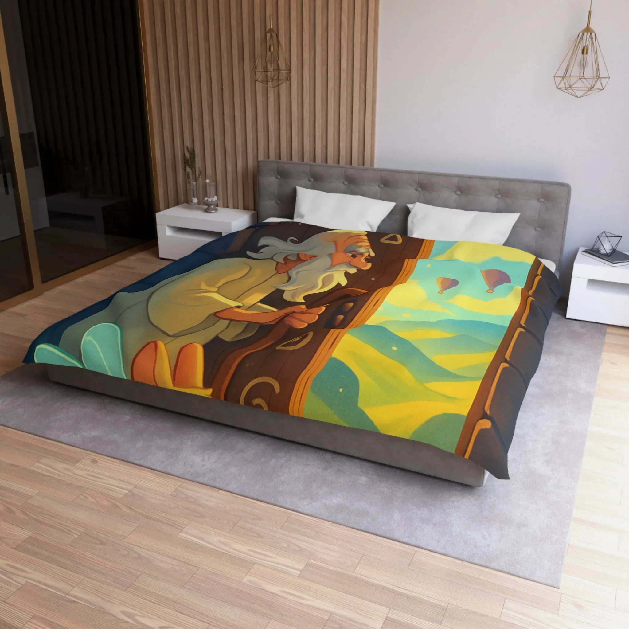 Housse de Couette Fantastique avec Ancien Sage et Paysage Magique Étoilé Soufflant