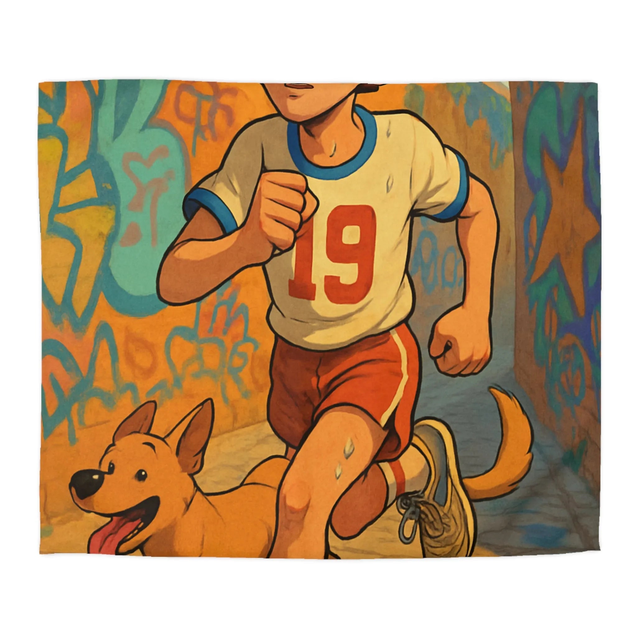 Housse de couette enfant sportive avec garçon et chien dans ruelle colorée graffiti