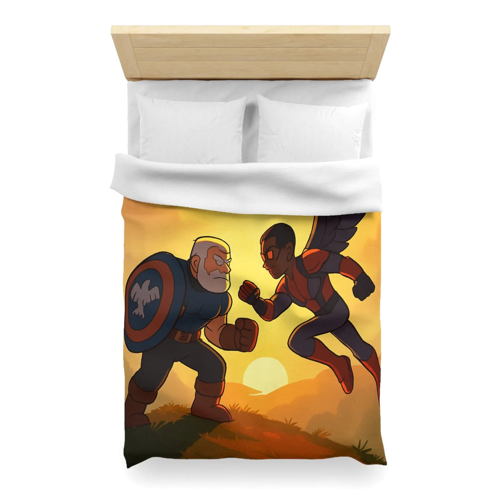 Housse de couette épique avec scène de combat héroïque au coucher du soleil