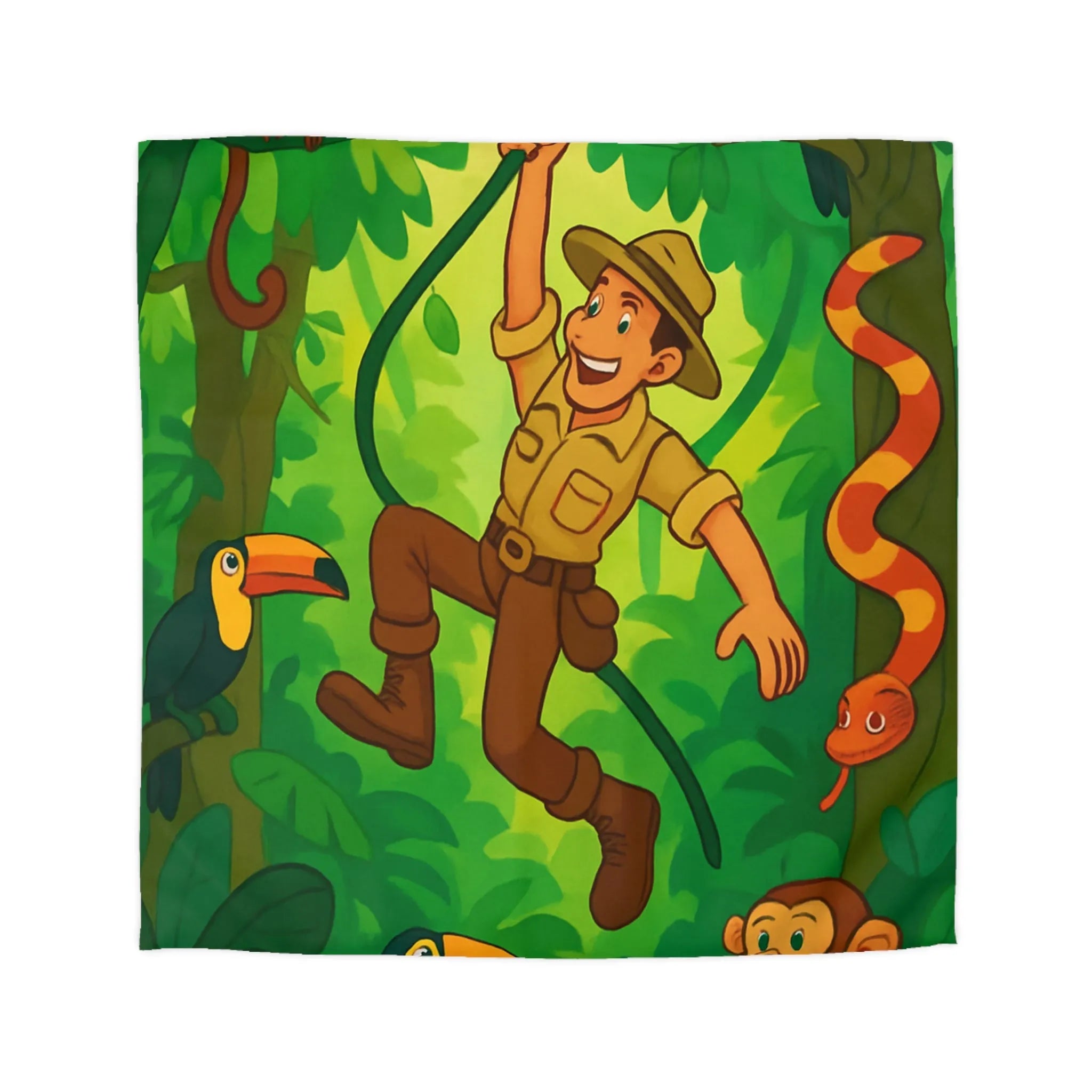 Housse de Couette Jungle Colorée avec Aventurier, Singes et Toucans pour Enfants