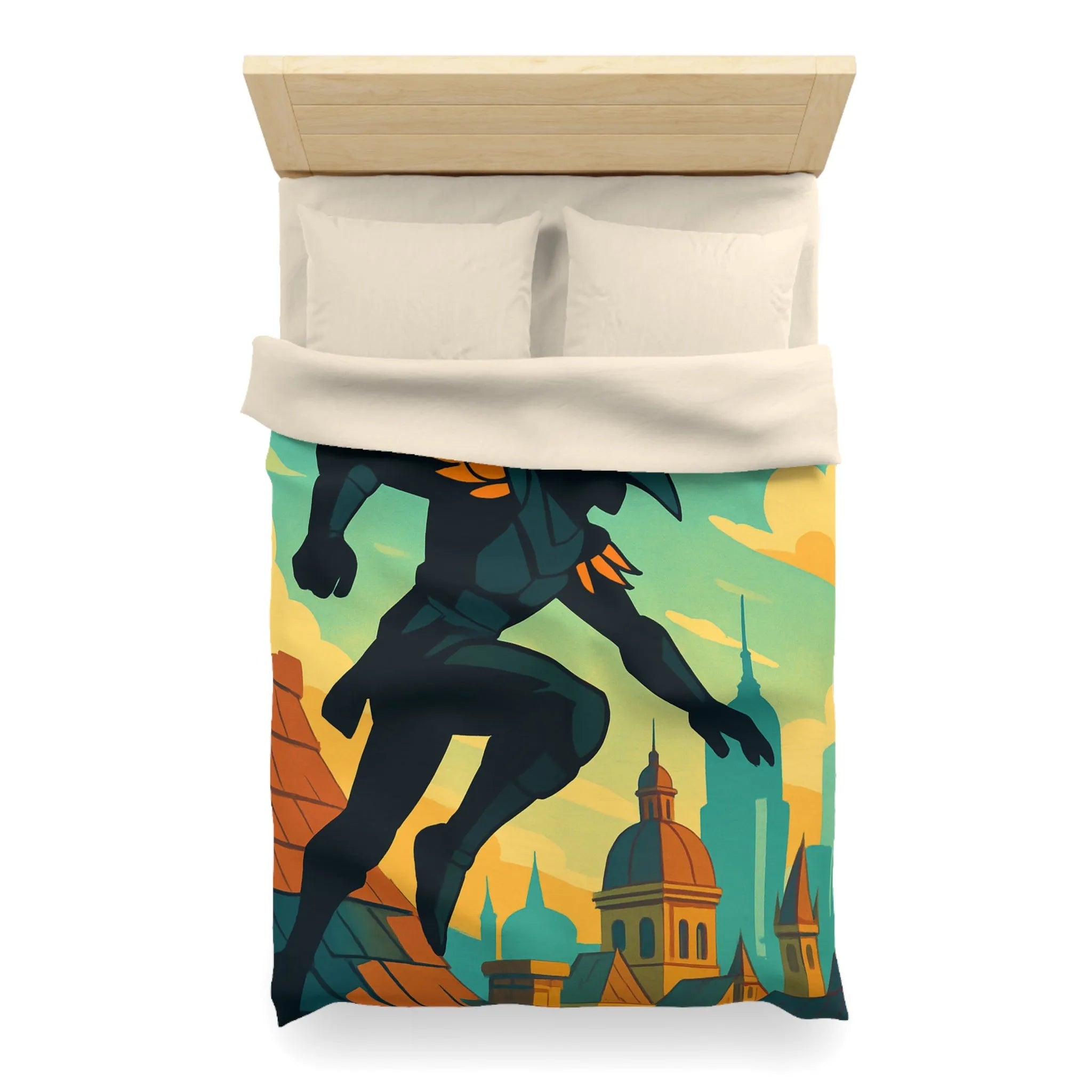 Housse de couette artistique avec silhouette et oiseau sur un toit urbain animé
