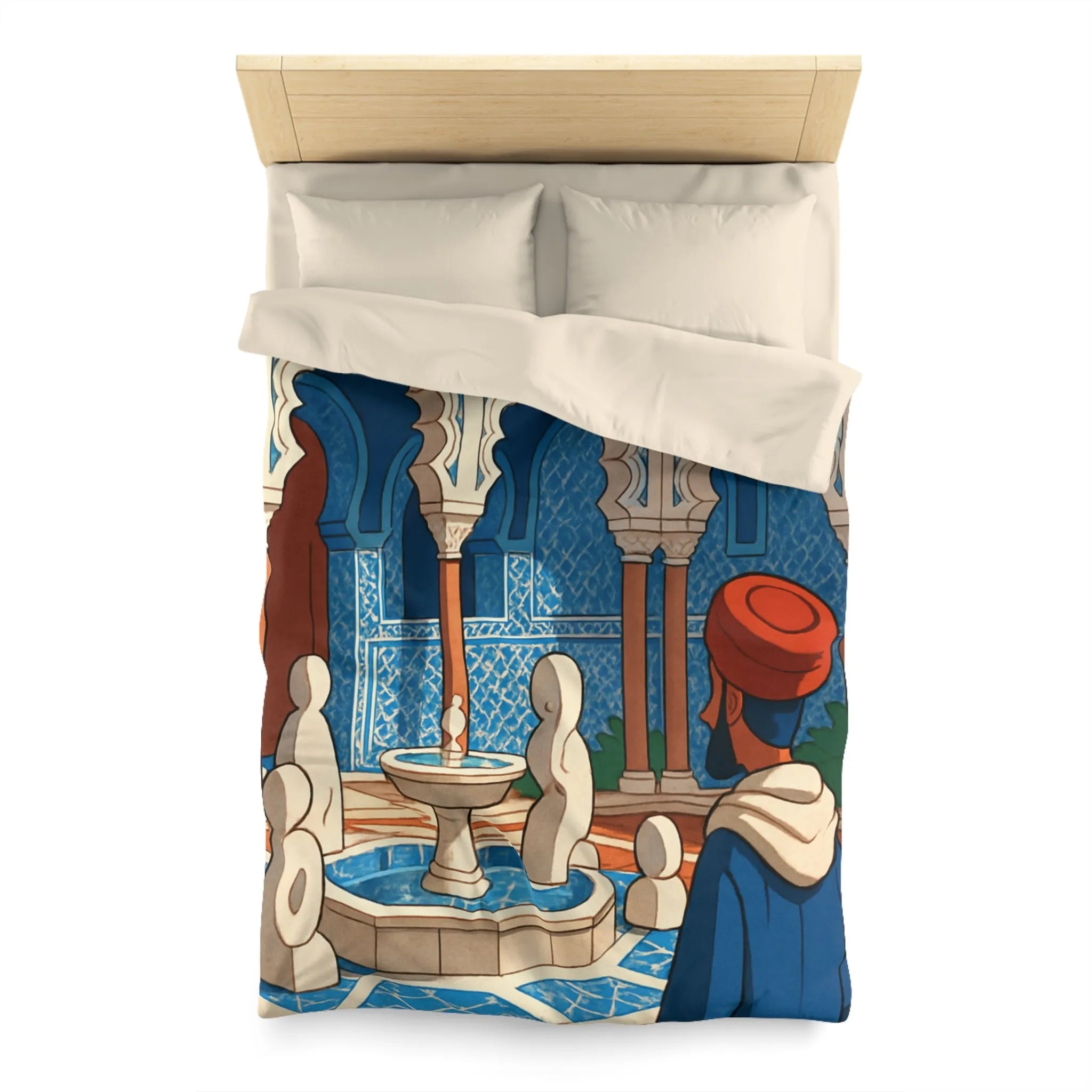 Housse de couette avec design marocain bleu, arches andalouses, fontaine et personnage paisible