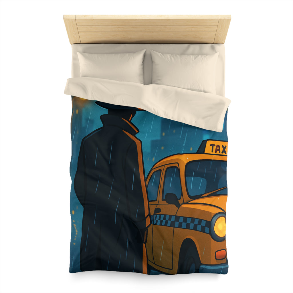 Mystérieux Homme En Imper Parapluie Noir Attendant Taxi Jaune Sous Pluie Urbaine Nocturne