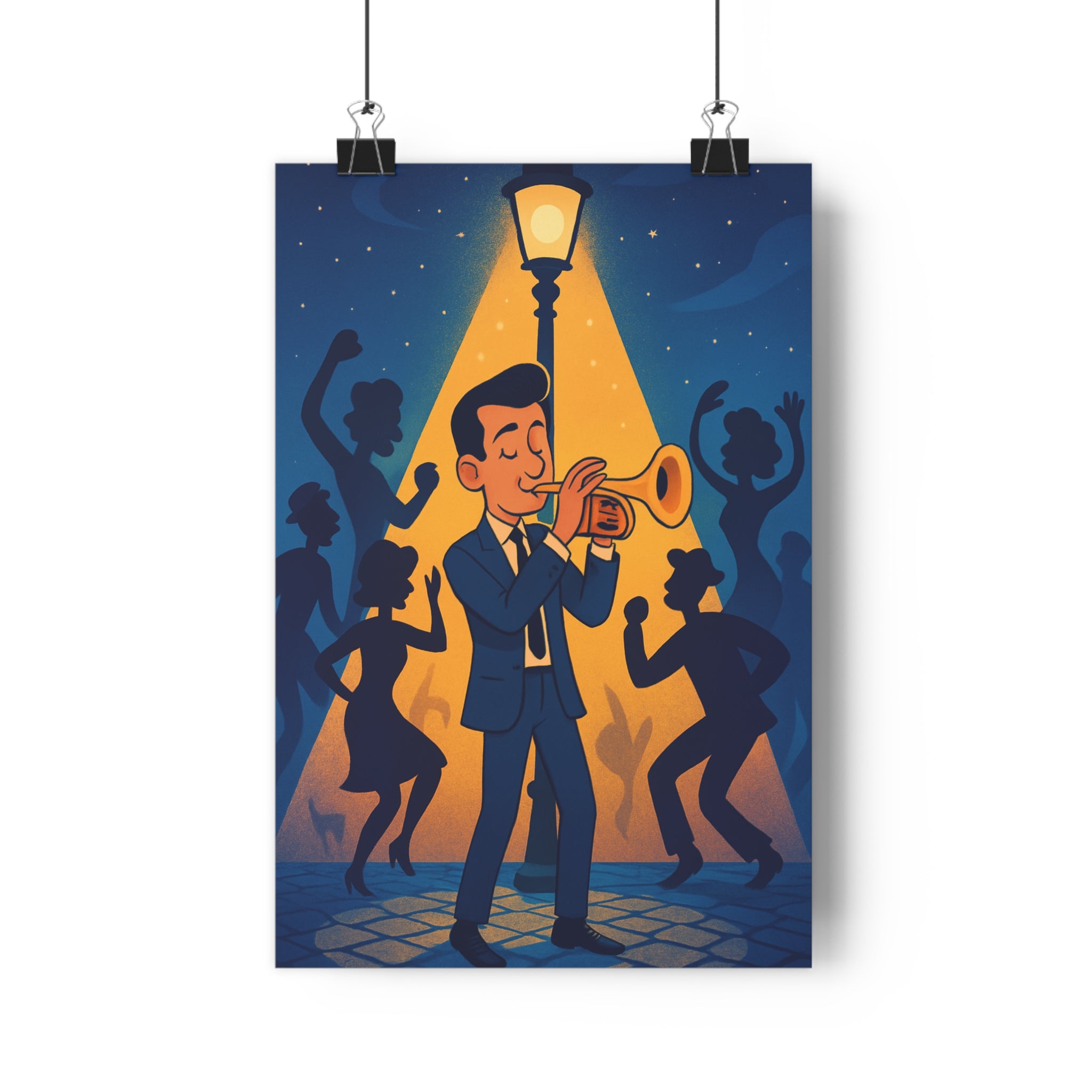 Poster décoratif jazz nocturne cartoon bleu orange salon musique ambiance festive moderne qualité premium