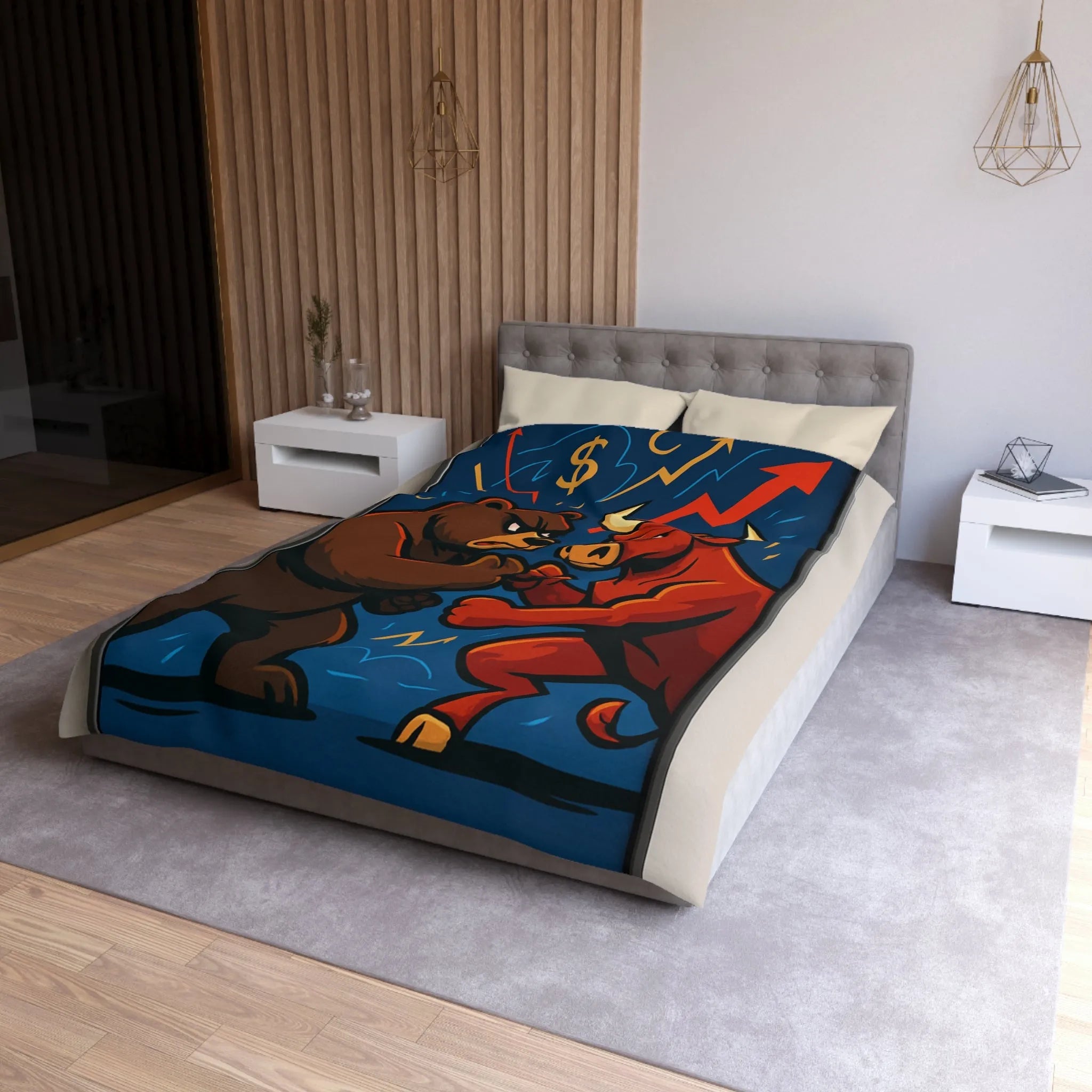 Housse de couette avec motif taureau et ours symbolisant les tendances du marché boursier