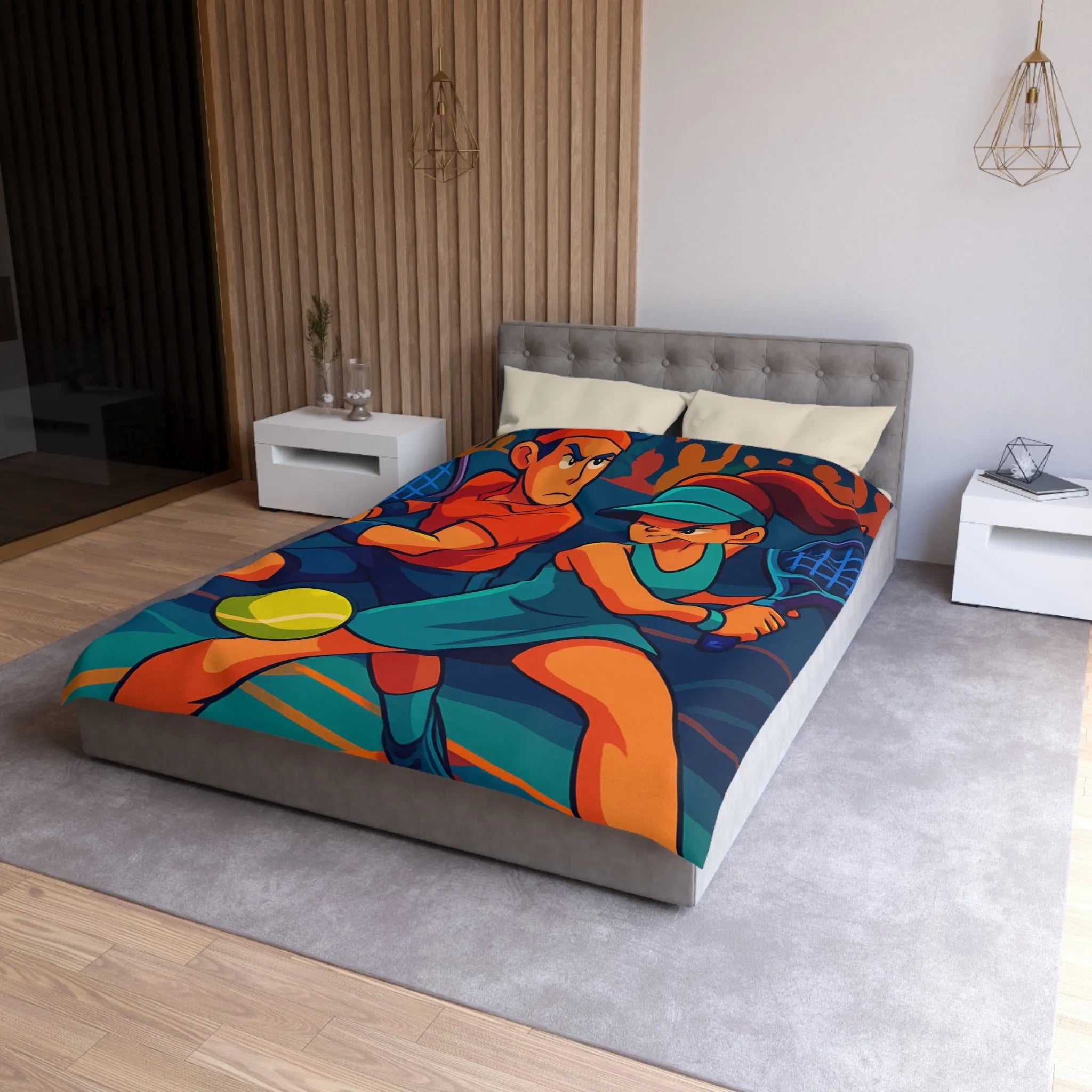 Housse de couette dynamique avec joueurs de tennis en style vectoriel coloré et moderne