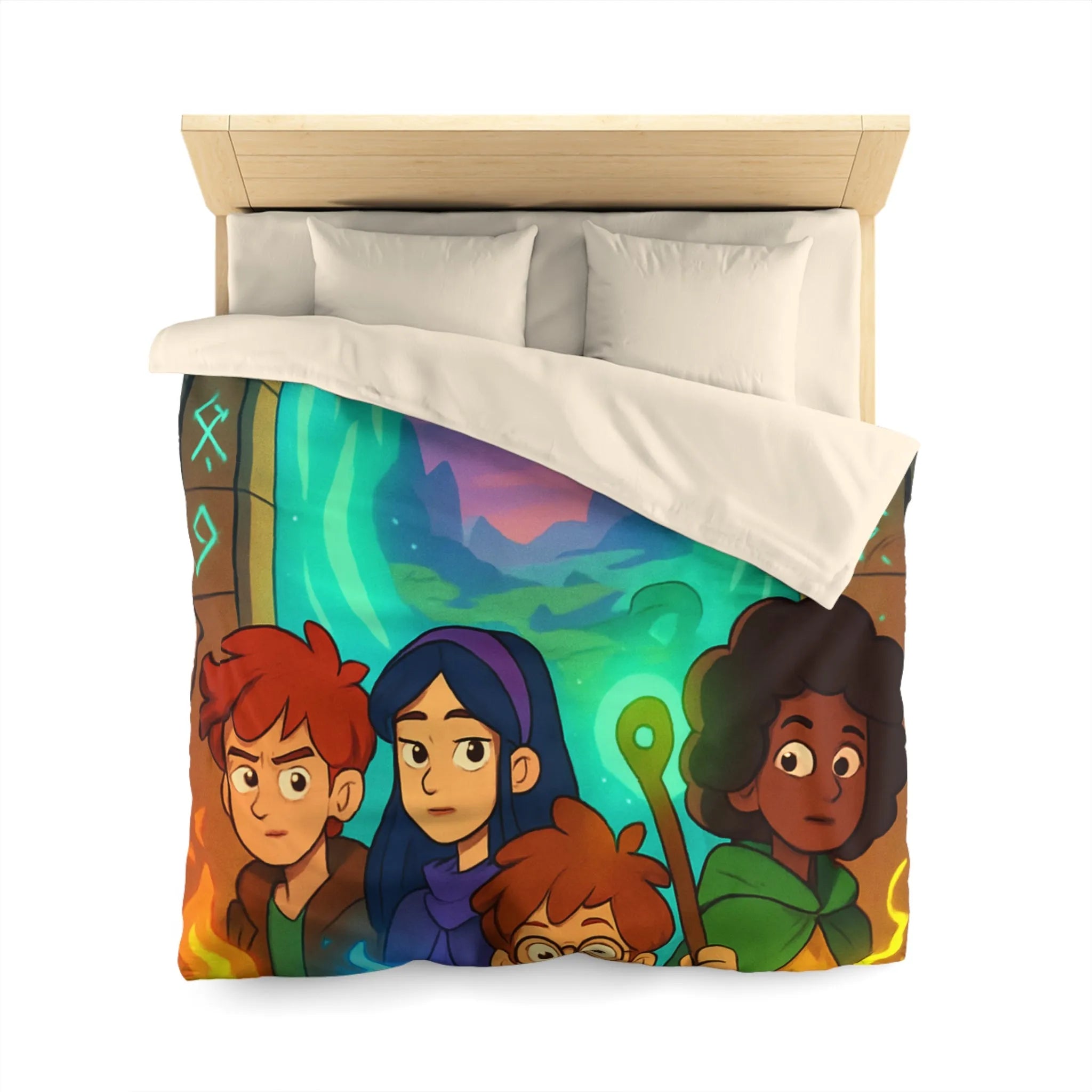 Housse de couette magique avec aventuriers devant portail et runes lumineuses