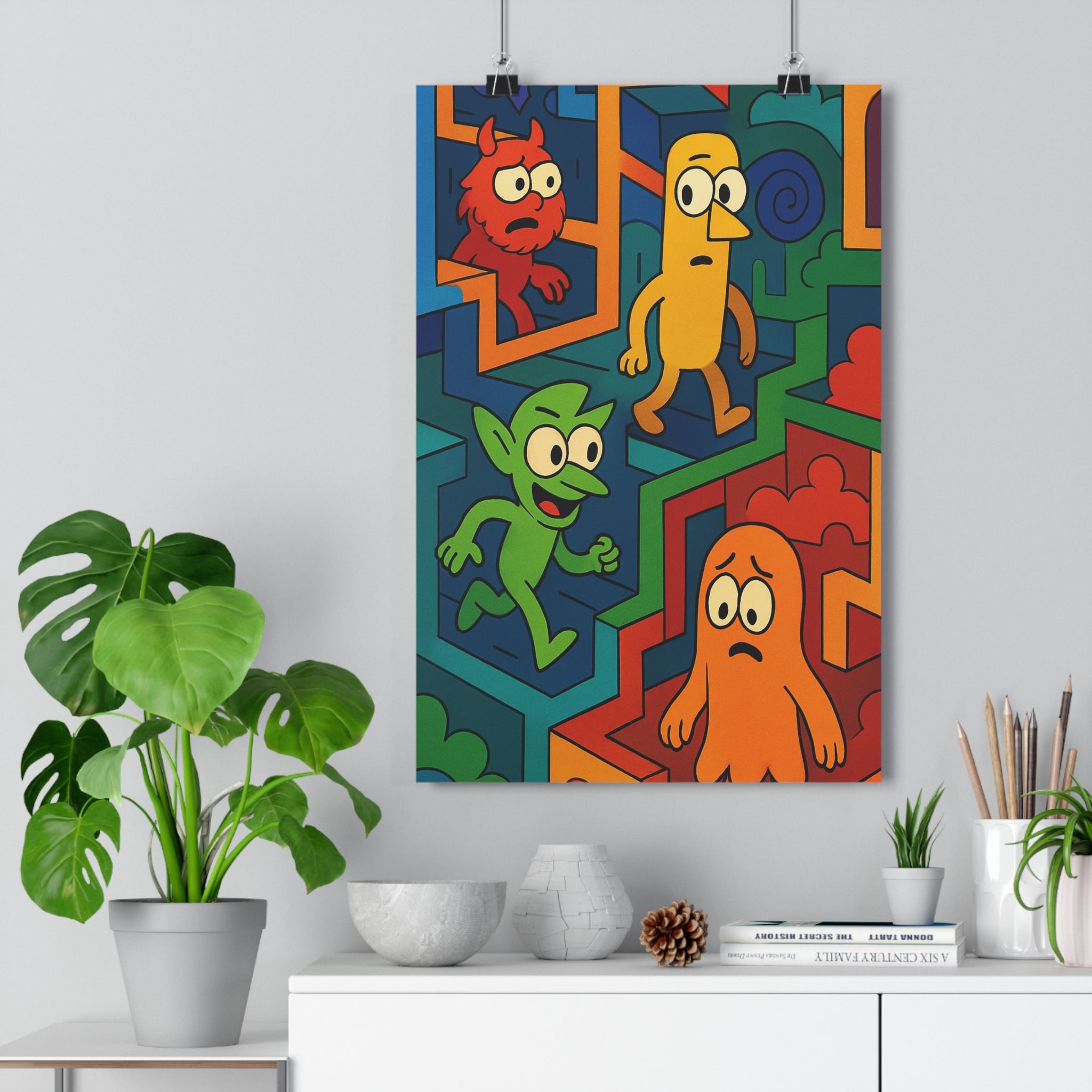 Poster décoratif cartoon surréaliste coloré rouge jaune vert orange aventure labyrinthe maison chambre 30x46