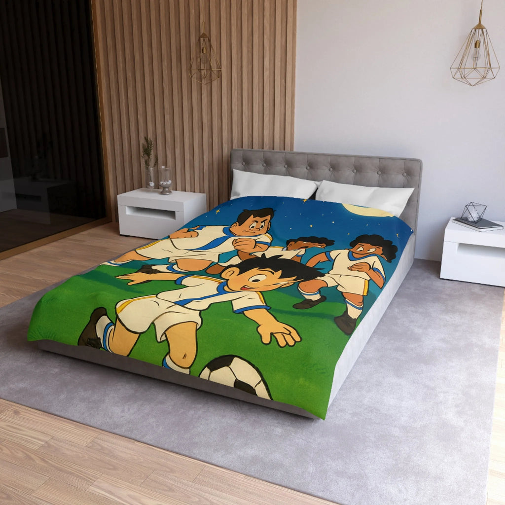 Housse de couette enfant illustrée football garçons jouant sous ciel étoilé nuit
