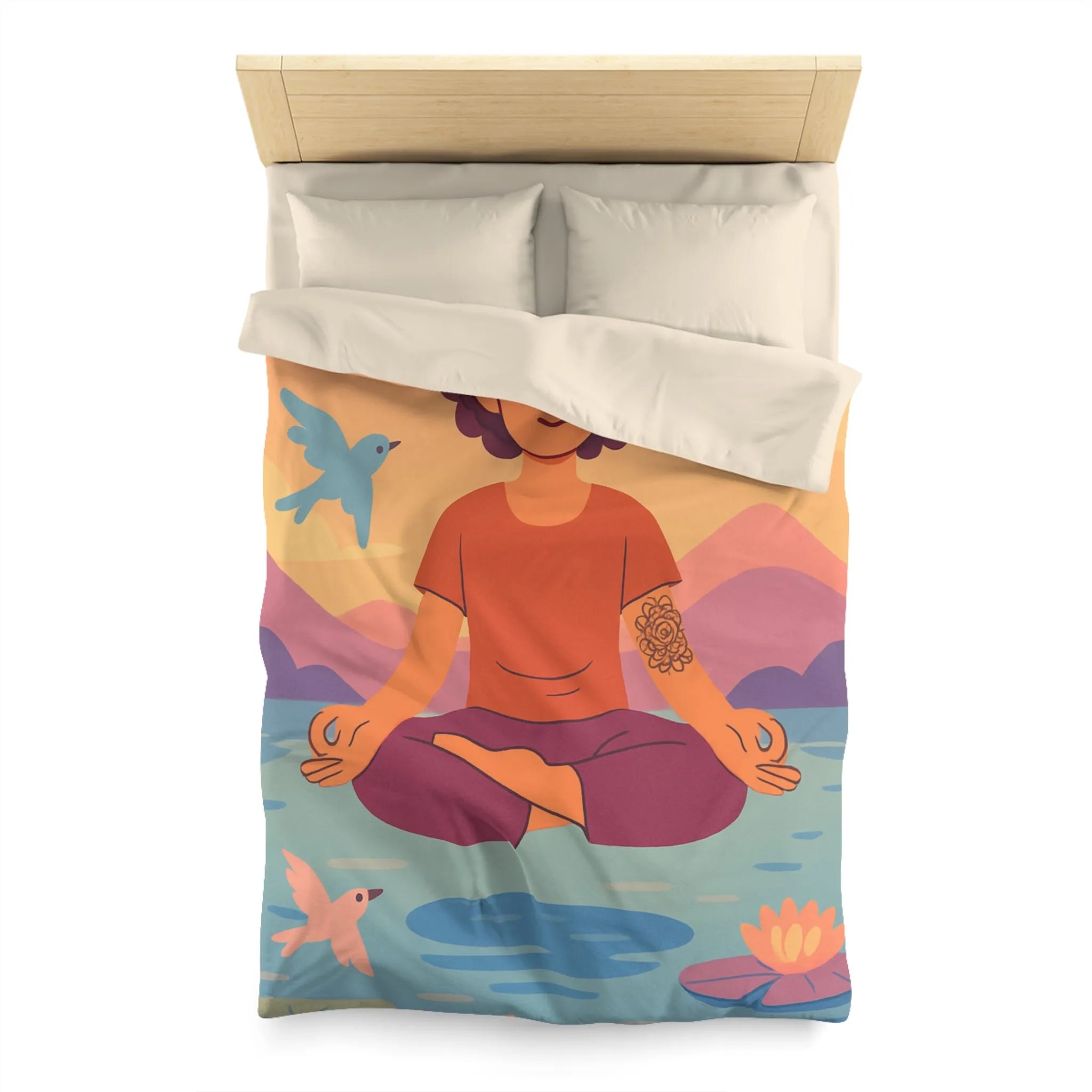 Housse de couette méditative avec motifs paisibles de nature et oiseaux colorés