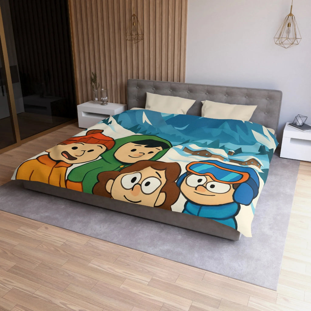 Housse de couette avec enfants joyeux et montagnes enneigées pour chambre d'enfant