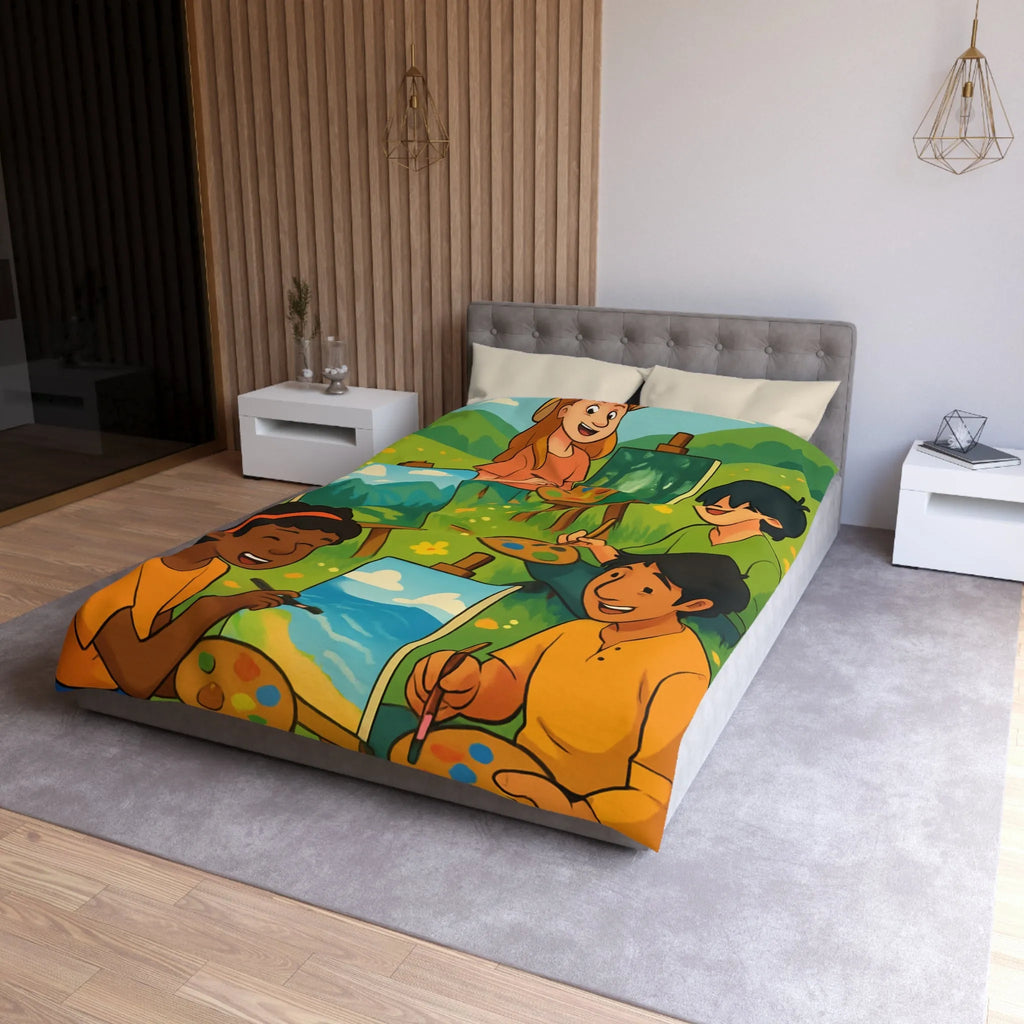 Housse de couette décorative avec enfants peignant dans champ fleuri en plein air