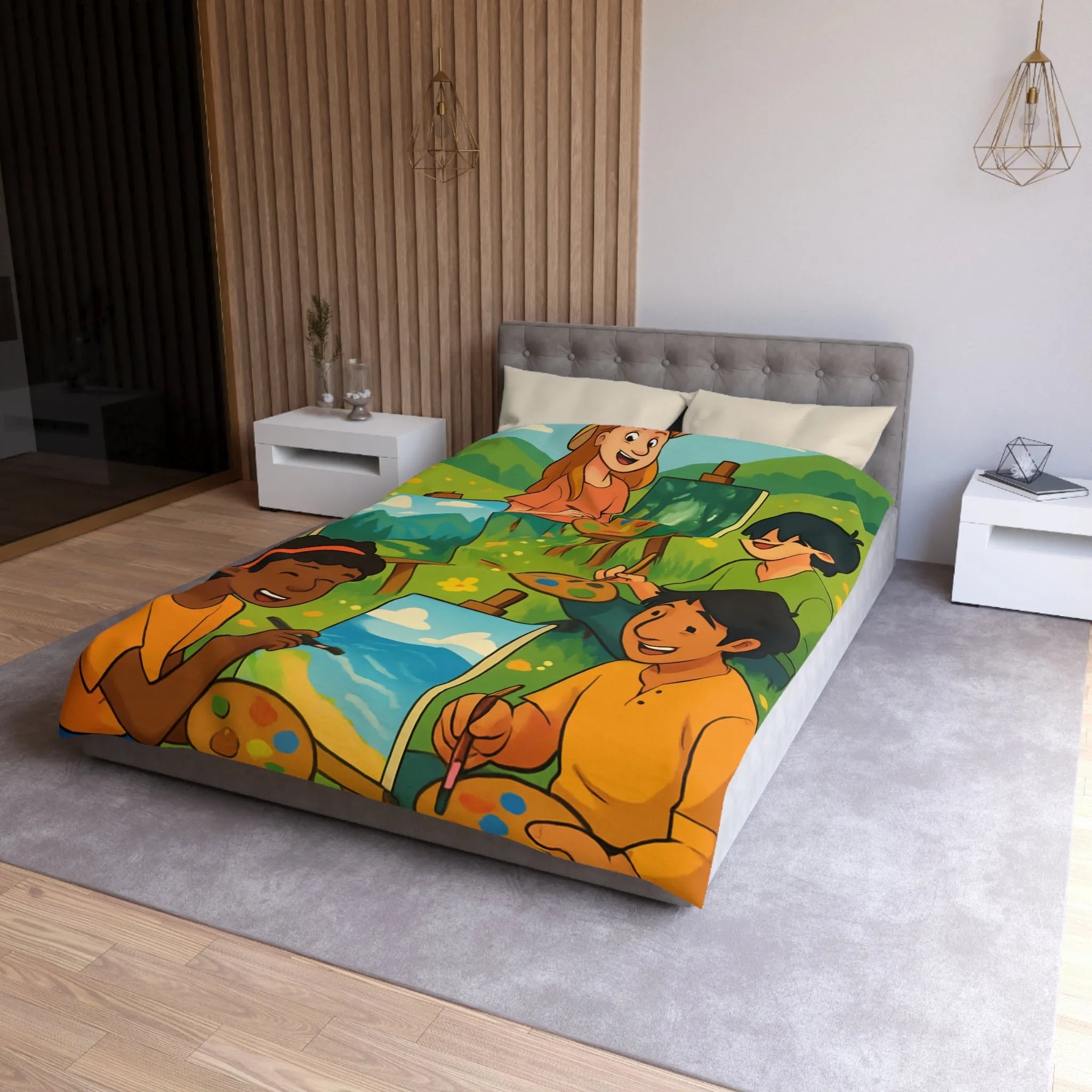 Housse de couette décorative avec enfants peignant dans champ fleuri en plein air