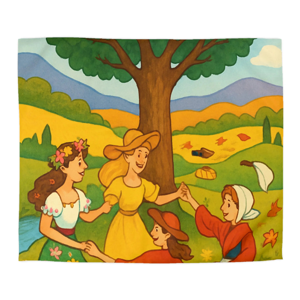 Housse de couette champêtre aux motifs de danseuses rondes et paysage bucolique coloré