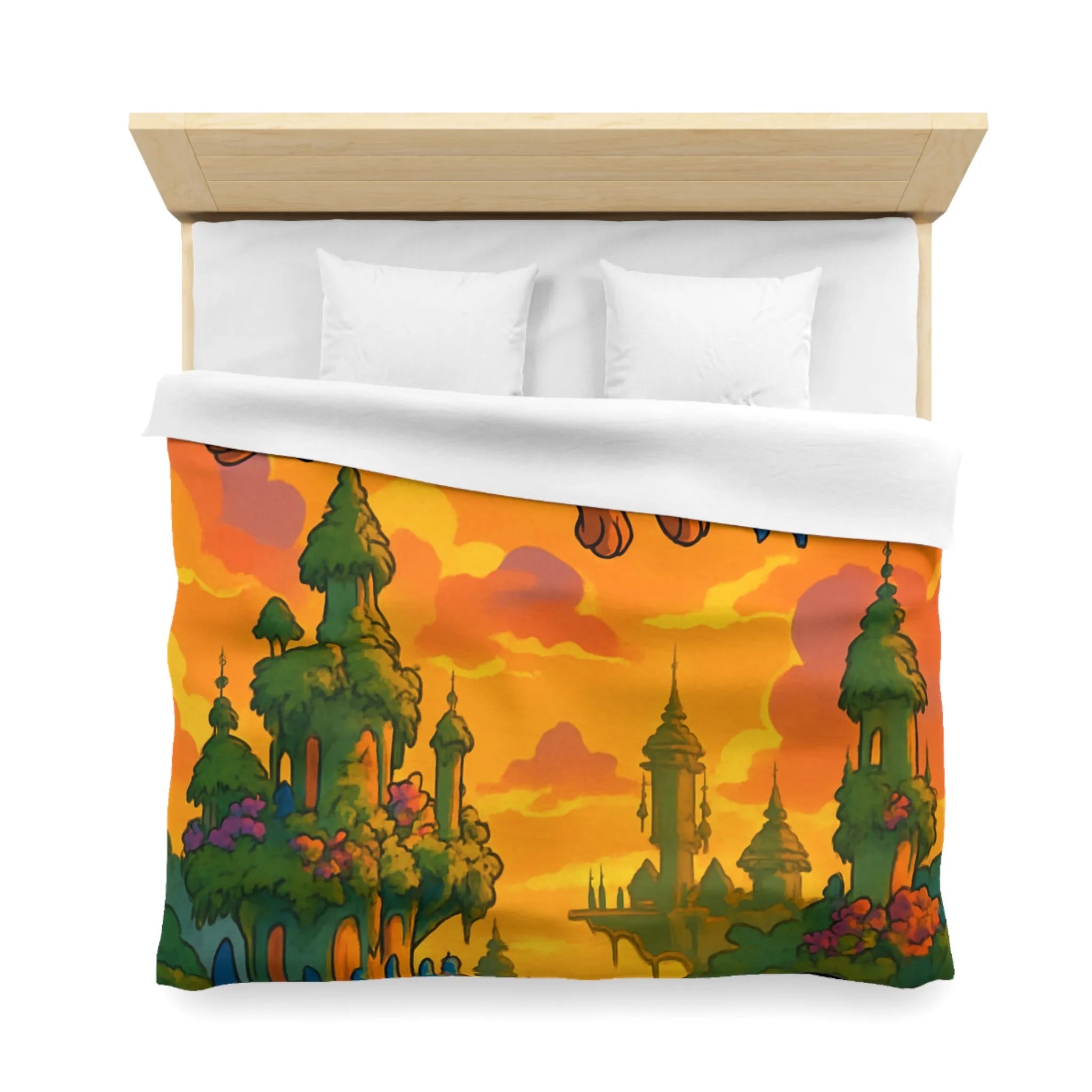 Housse de couette magique avec créatures volantes et paysage fantastique au coucher du soleil