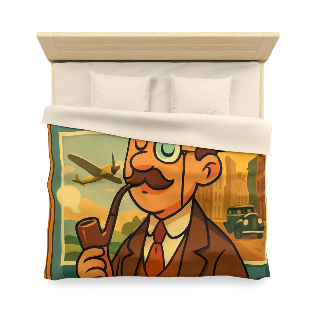 Élégant Gentleman Vintage avec Moustache et Monocle devant Affiches de Voiture et Avion