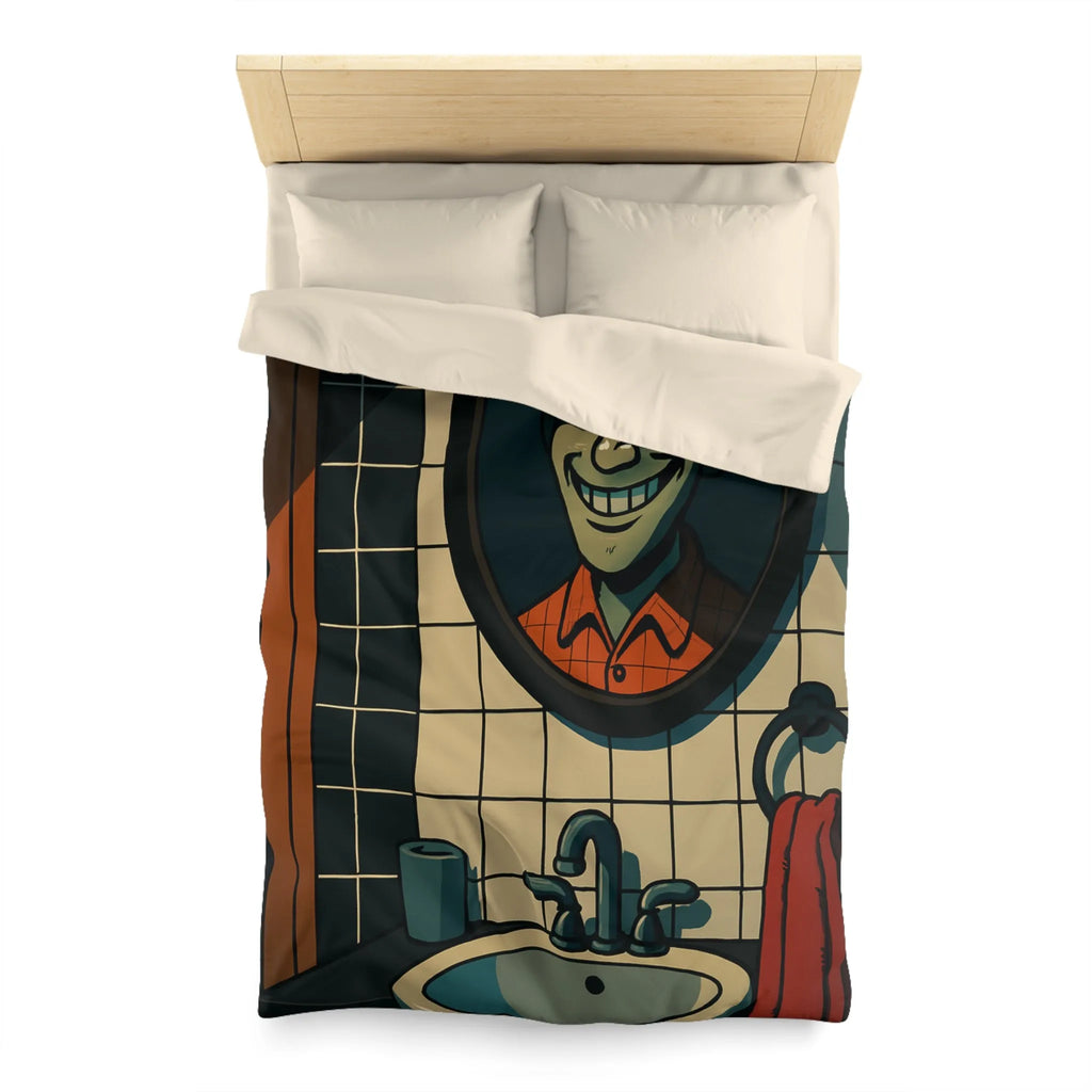 Housse de couette graphique avec dessin animé miroir effrayant et carreaux de salle de bain