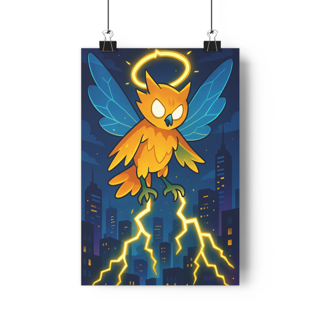 Poster décoratif hibou lumineux mystique bleu orange moderne salon chambre énergie éclairs ville ambiance