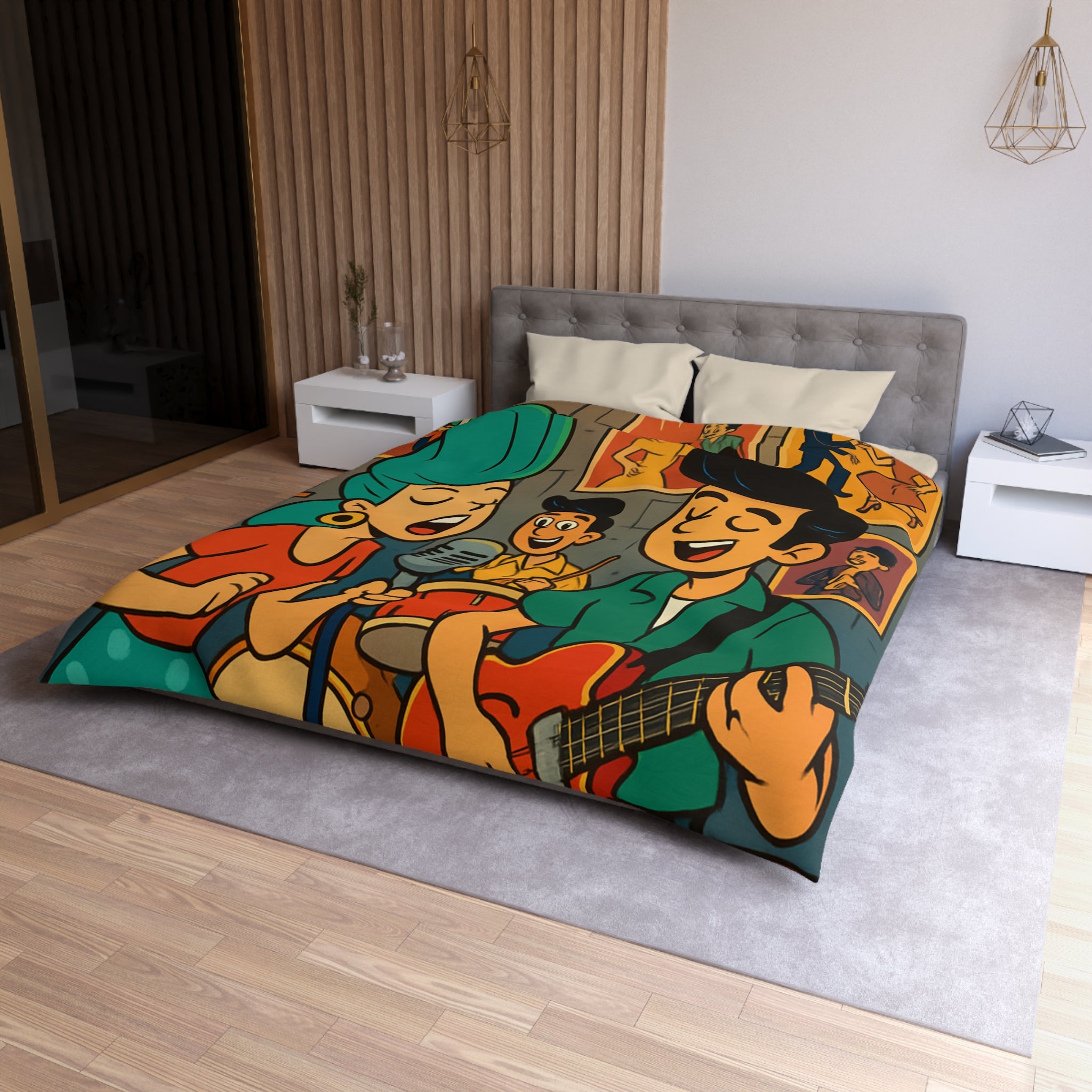 Housse de couette rétro ambiance années 50 avec musiciens et affiches colorées vintage