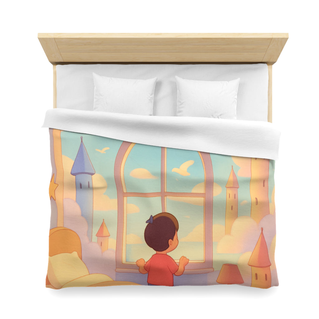 Housse de couette rêveuse enfantine avec nuages, dirigeables et oiseaux volants paisibles