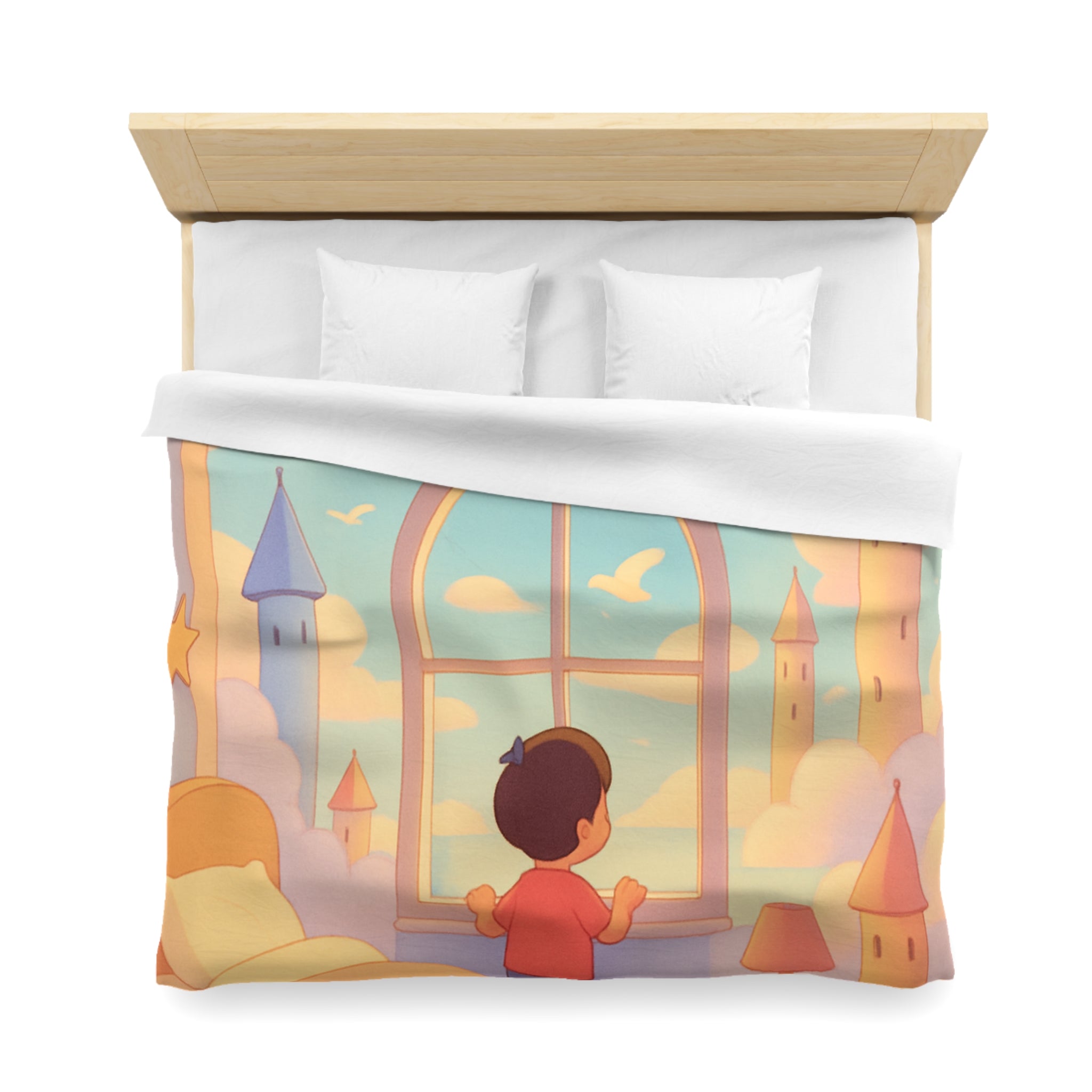 Housse de couette rêveuse enfantine avec nuages, dirigeables et oiseaux volants paisibles