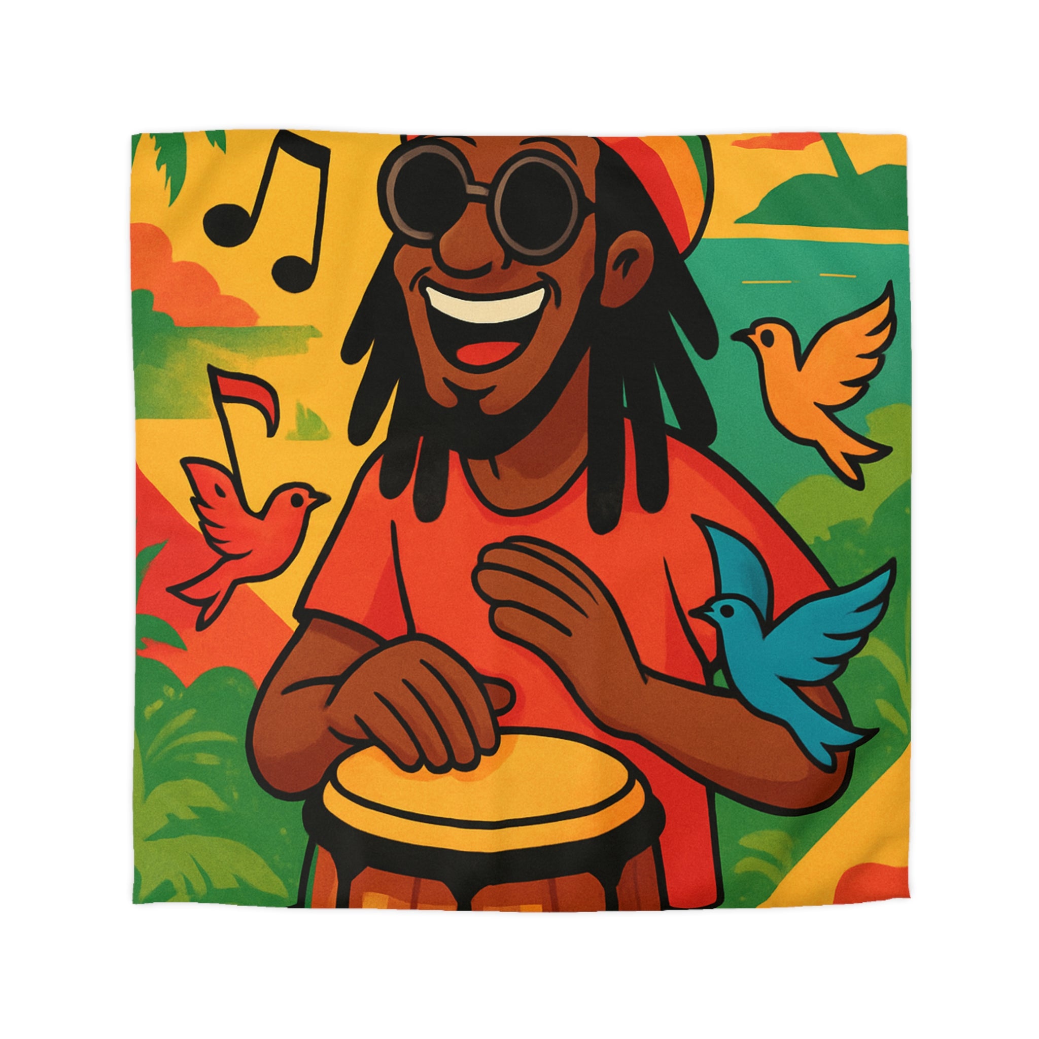 Housse de couette vibrante arc-en-ciel reggae avec tambour, palmiers et oiseaux colorés