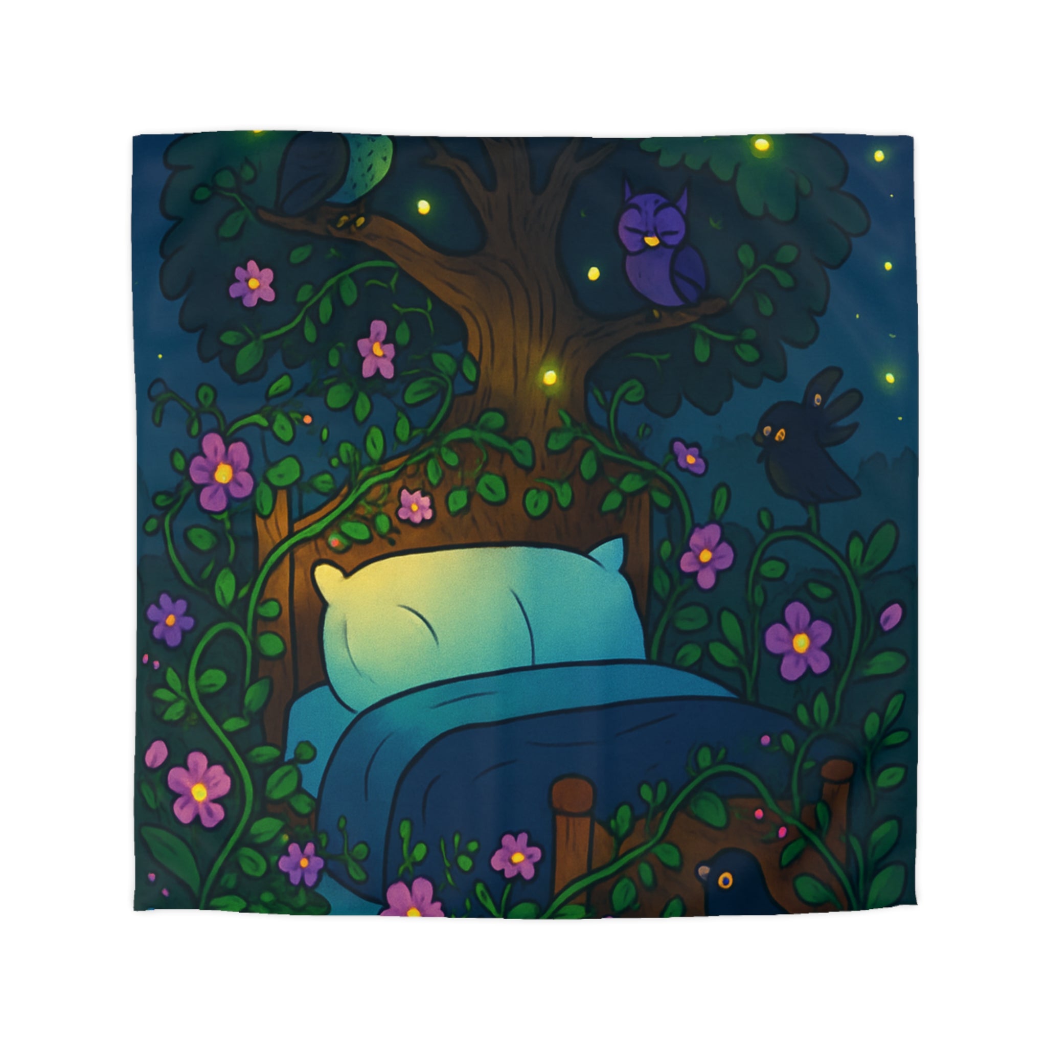 Rêve magique dans une forêt nocturne avec lit et cours d'eau enchanté