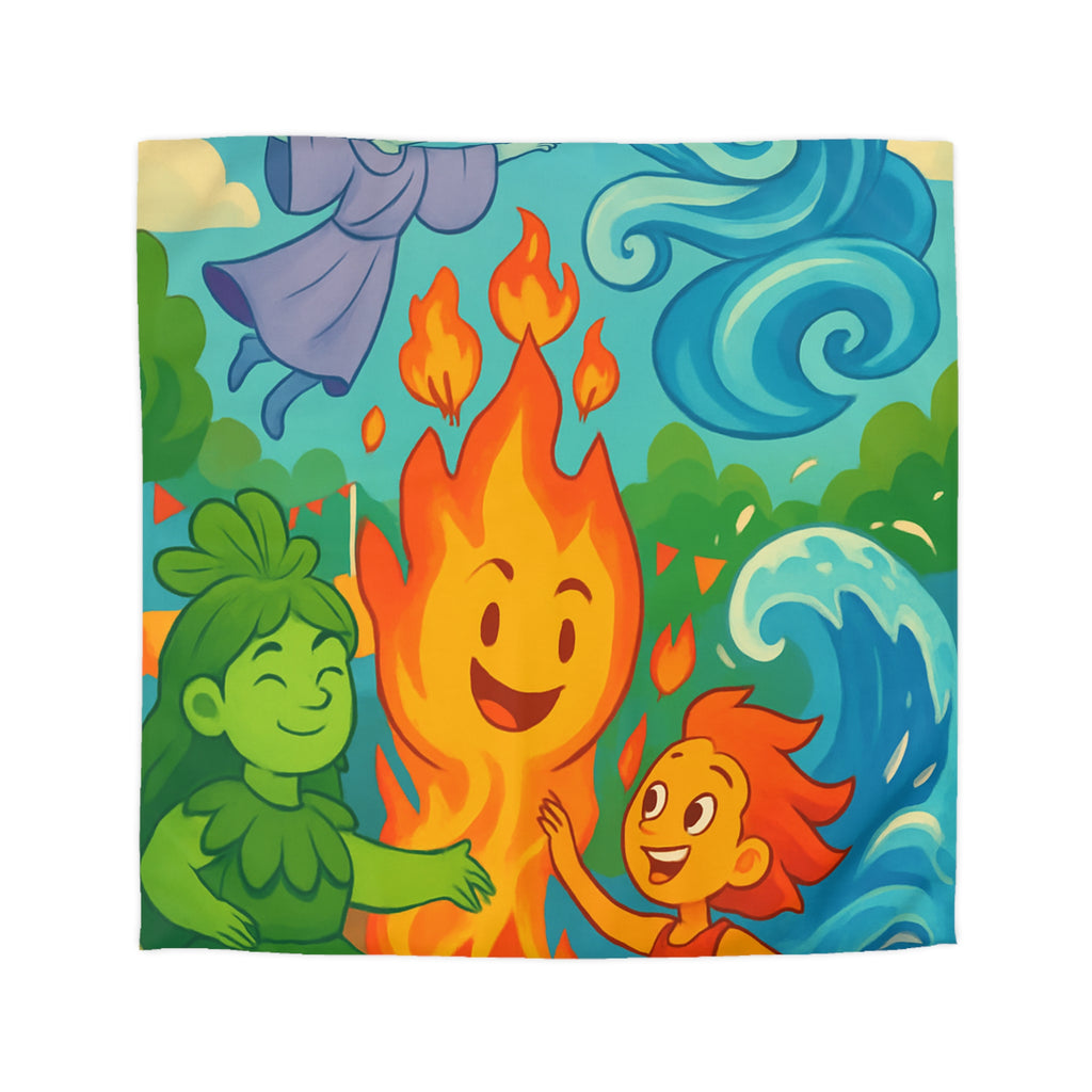 Housse de couette vibrante célébrant les quatre éléments dans un style ludique coloré