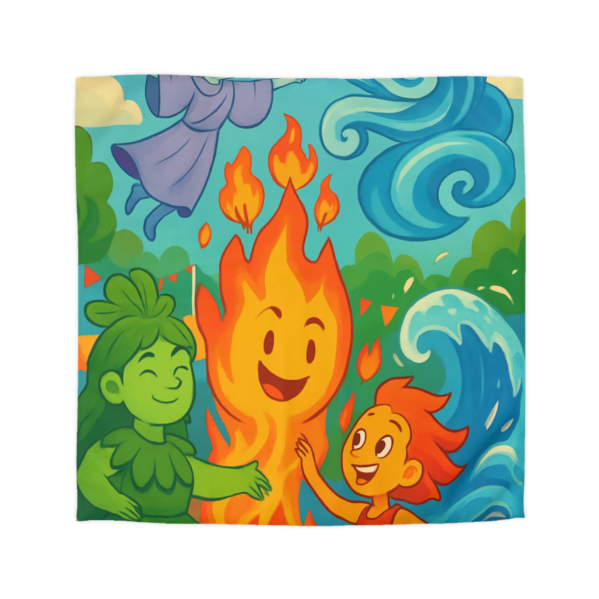 Housse de couette vibrante célébrant les quatre éléments dans un style ludique coloré